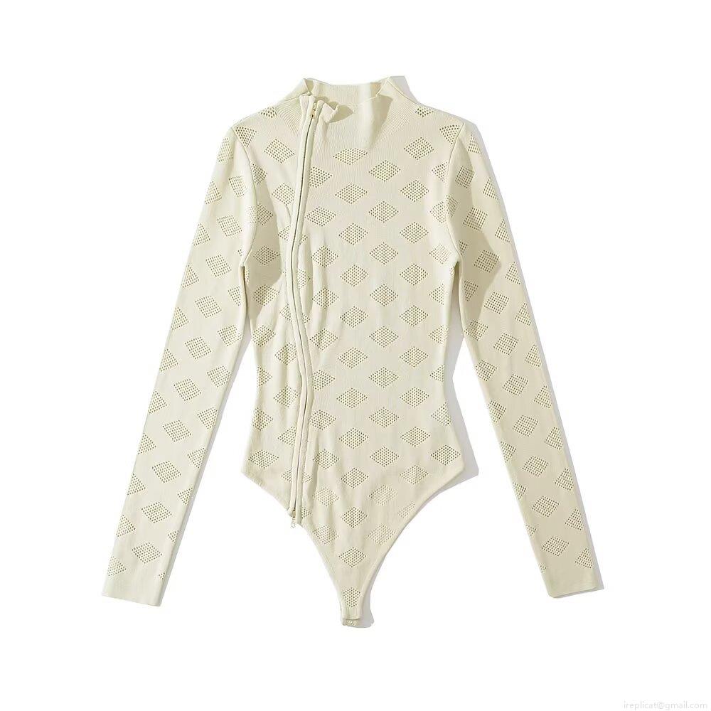 Women's Long Sleeve Bodysuit Knit Rayon Nylon Hollow Out Diamond Pattern Diagonal Double Zipper Stand Collar Slim Fit Jumpsuit Streetwear Tops