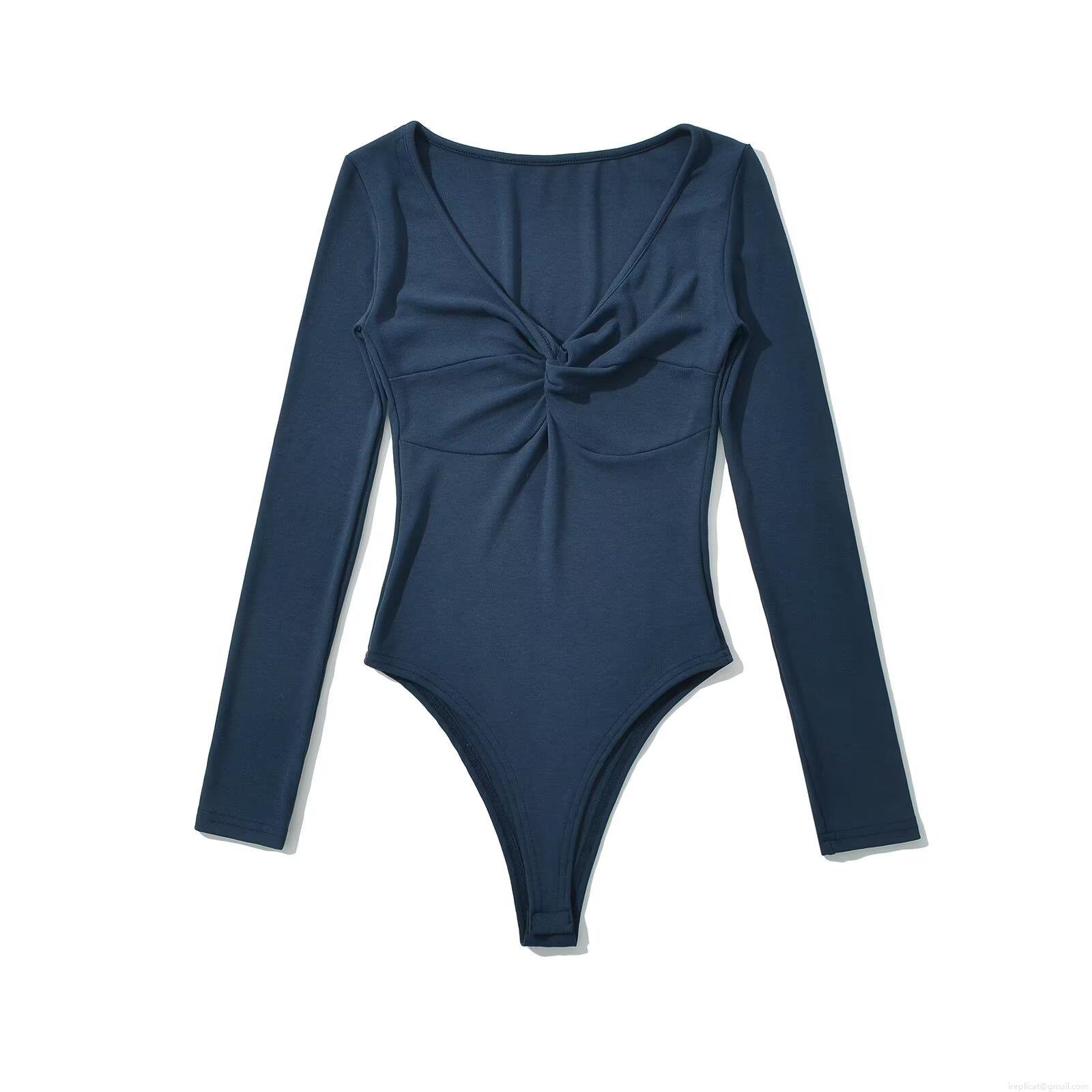 Women's Sexy Deep V Neck Long Sleeve Bodysuit With Twist Front Knotted Design Slim Fit Solid Color Polyester Ribbed Knit Jumpsuit Romper For Clubwear Party Casual Tops