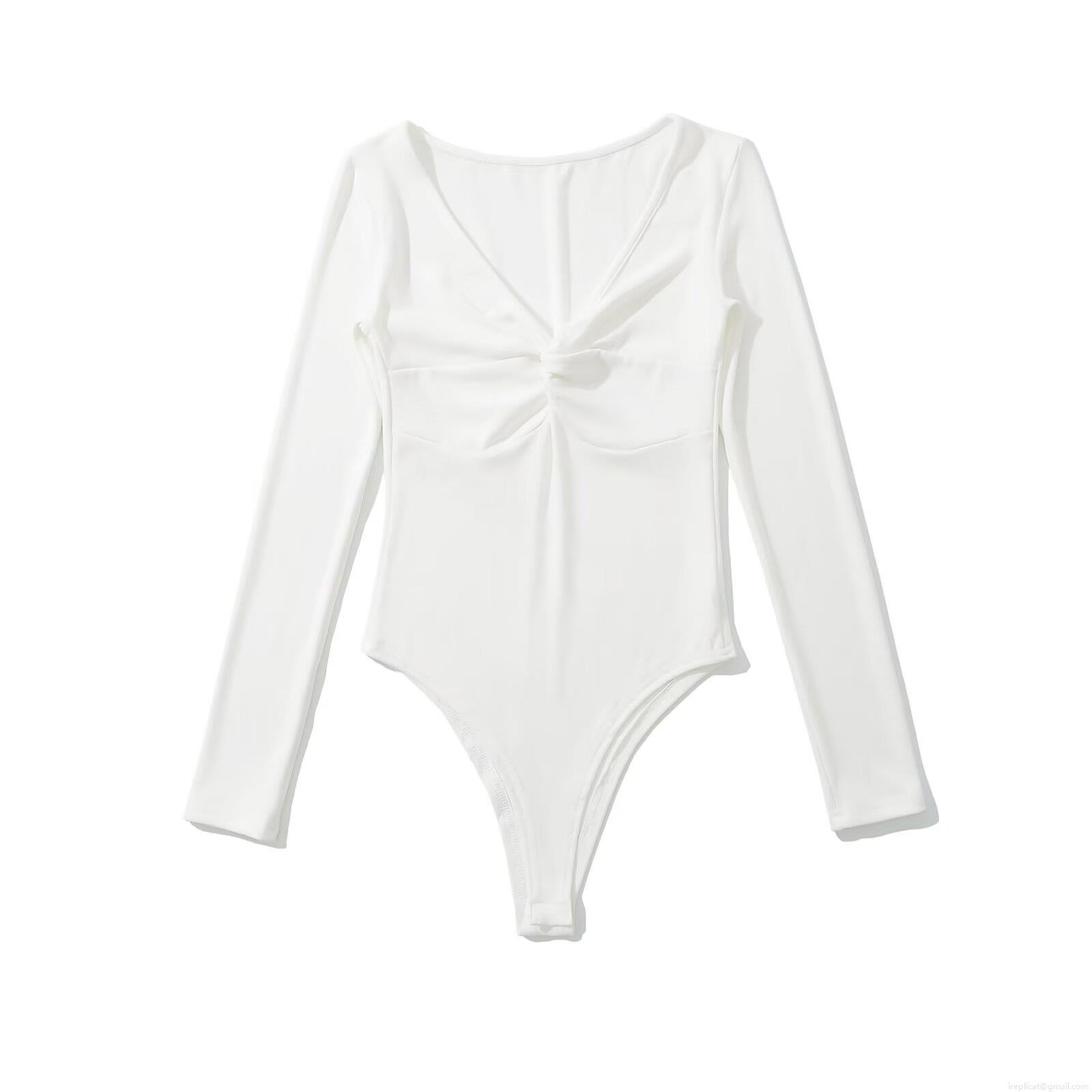Women's Sexy Deep V Neck Long Sleeve Bodysuit With Twist Front Knotted Design Slim Fit Solid Color Polyester Ribbed Knit Jumpsuit Romper For Clubwear Party Casual Tops