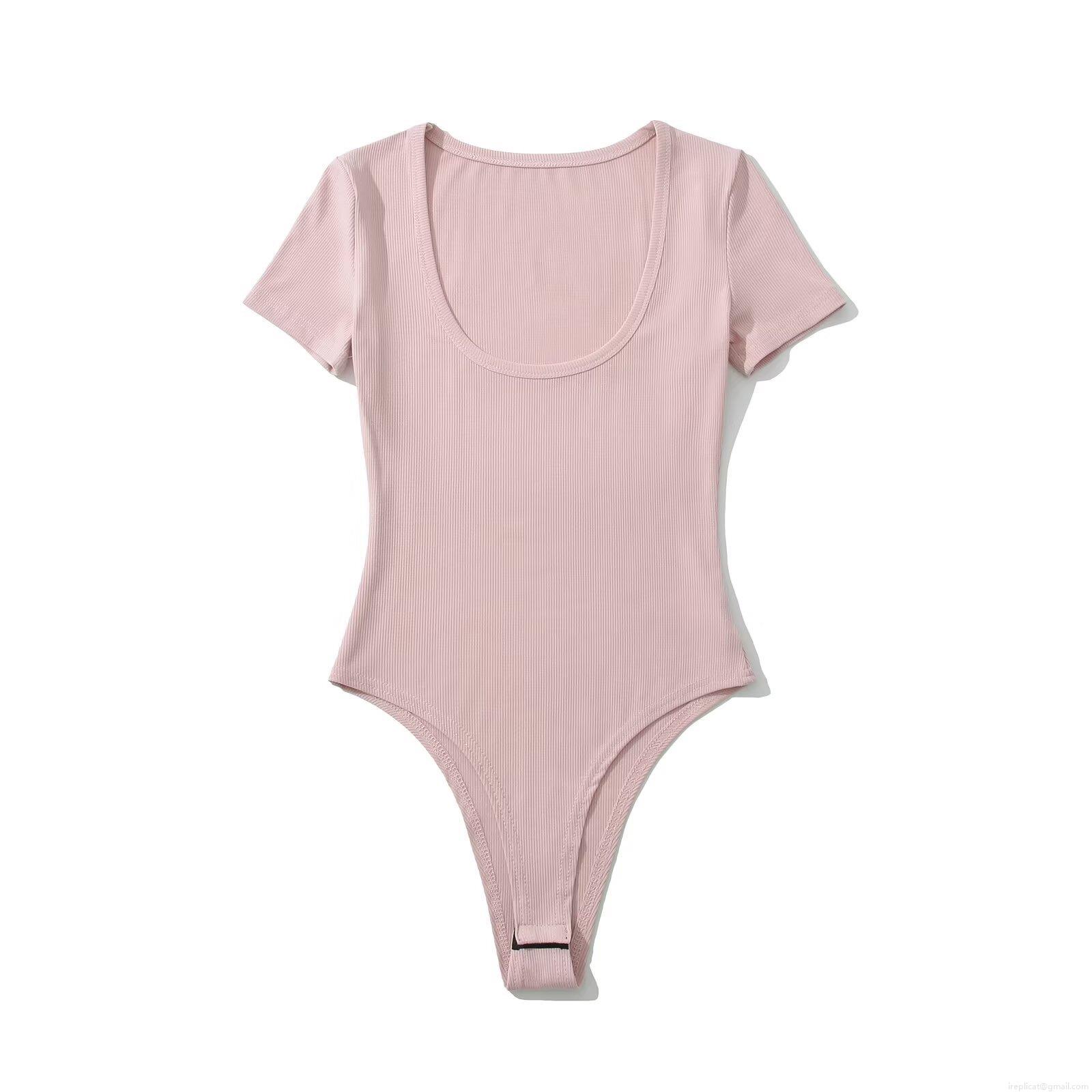 Women's U-Neck Short Sleeve Ribbed Bodysuit Slim Fit Stretchy Leotard Jumpsuit Casual Summer Streetwear Tee Top For Ladies