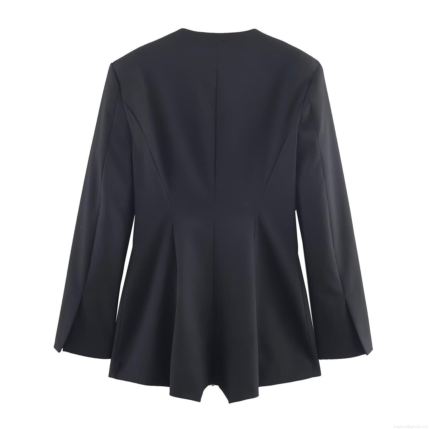 Women Deep V-neck Blazer Bodysuit Long Sleeve Single Breasted Woven Jumpsuit With Shoulder Pads Streetwear Fashion Solid Black Romper Top