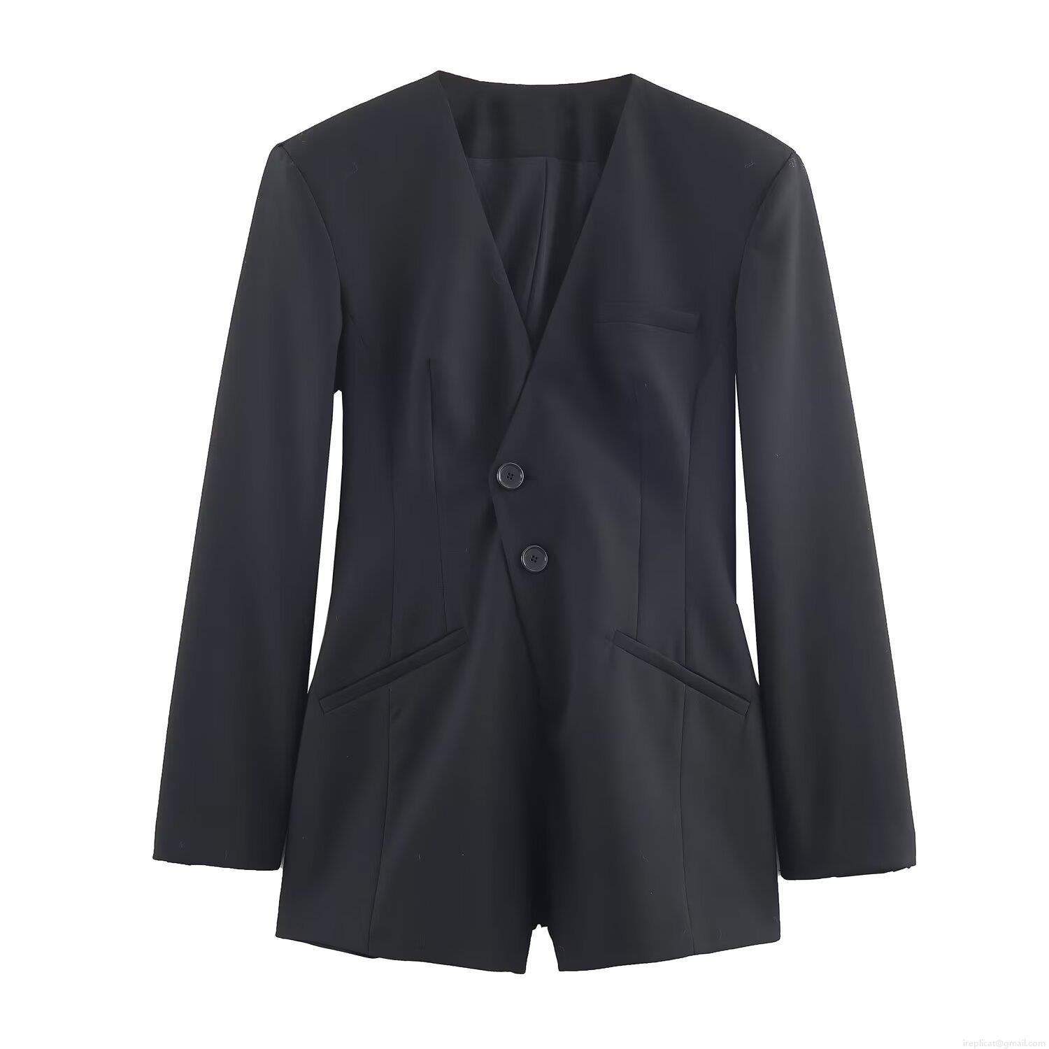 Women Deep V-neck Blazer Bodysuit Long Sleeve Single Breasted Woven Jumpsuit With Shoulder Pads Streetwear Fashion Solid Black Romper Top
