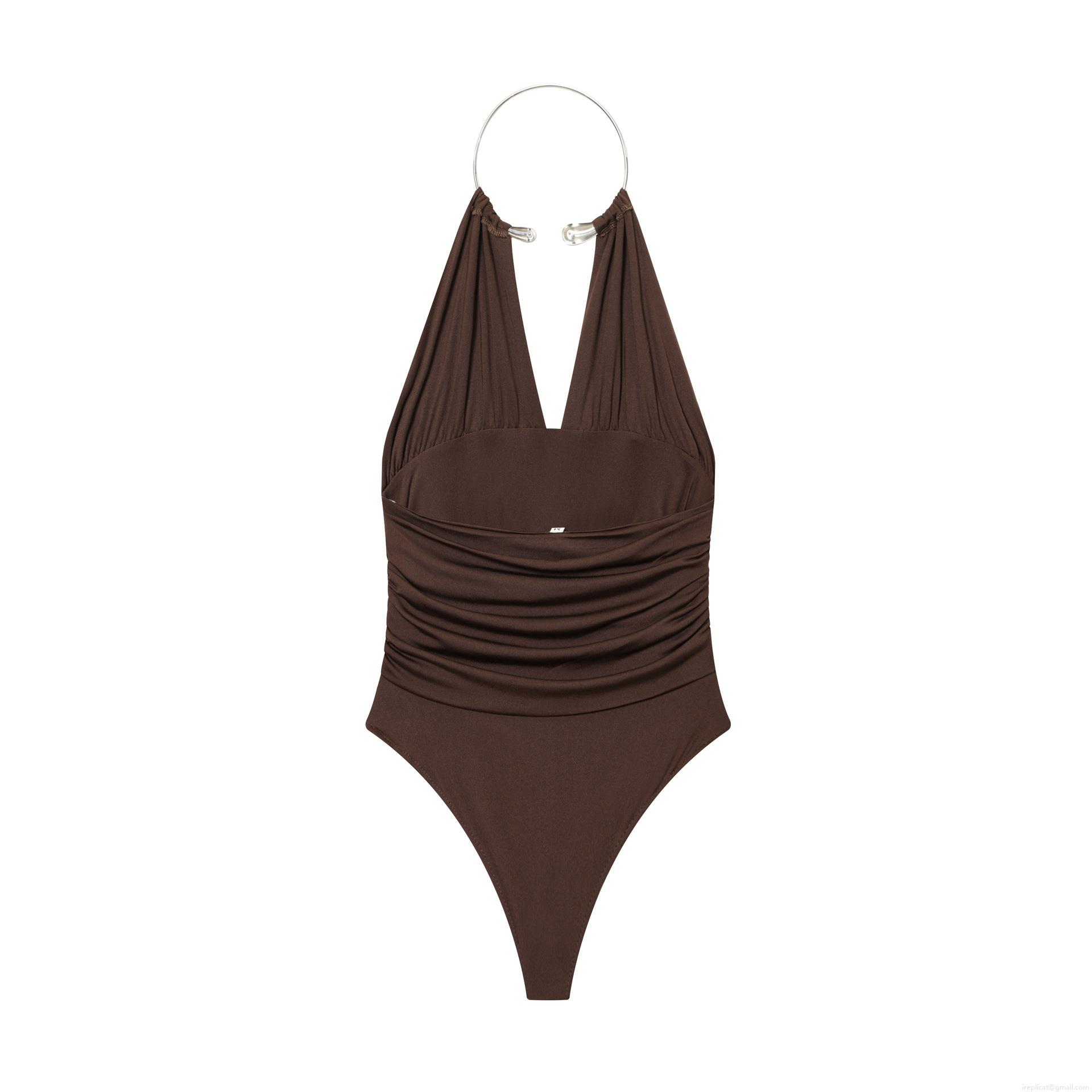 Women Sexy Halter V-Neck Bodysuit With Metal Ring Ruched Waist Slim Fit One Piece Jumpsuit For Party Club Summer Beach Sleeveless Top