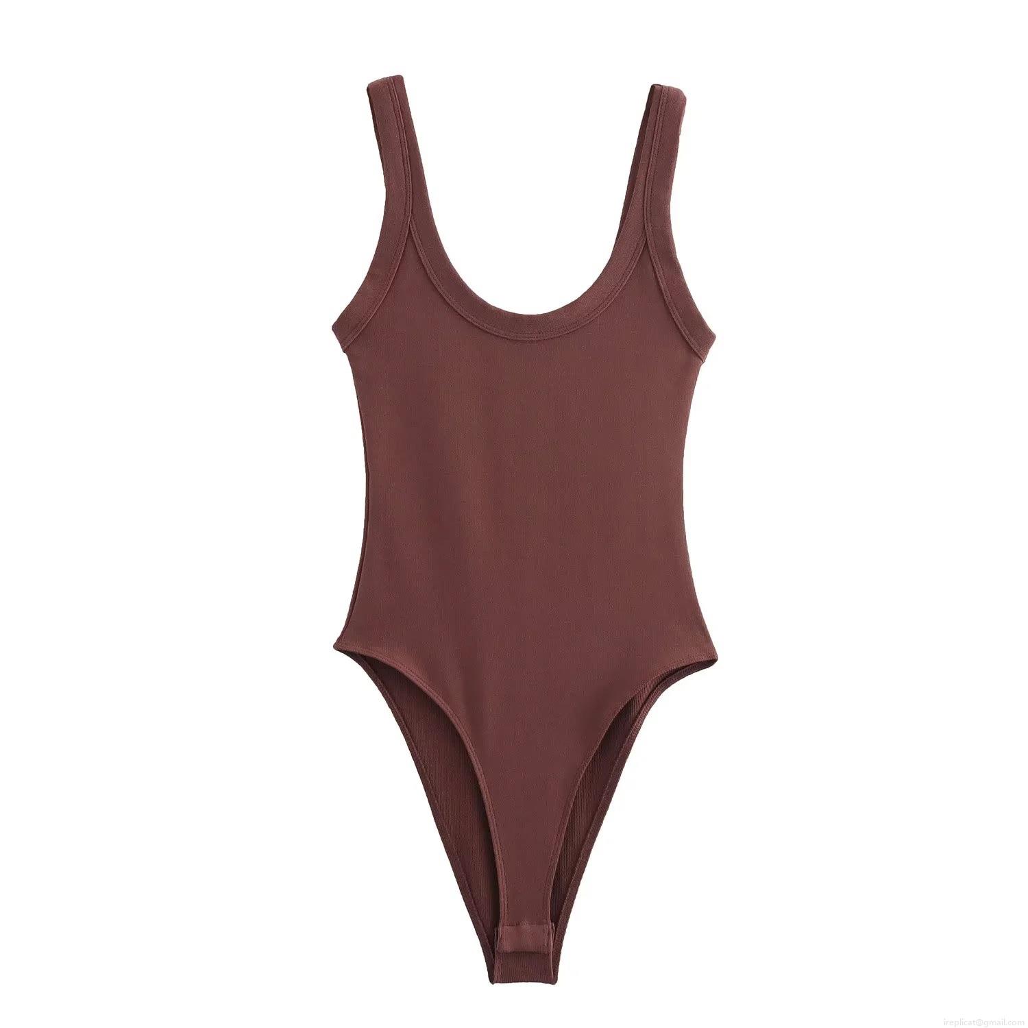 Women Sexy Sleeveless Ribbed Bodysuit U-Neck Slim Fit Solid Color Jumpsuit For Daily Party Spice Girl Style Polyester Knit Innerwear