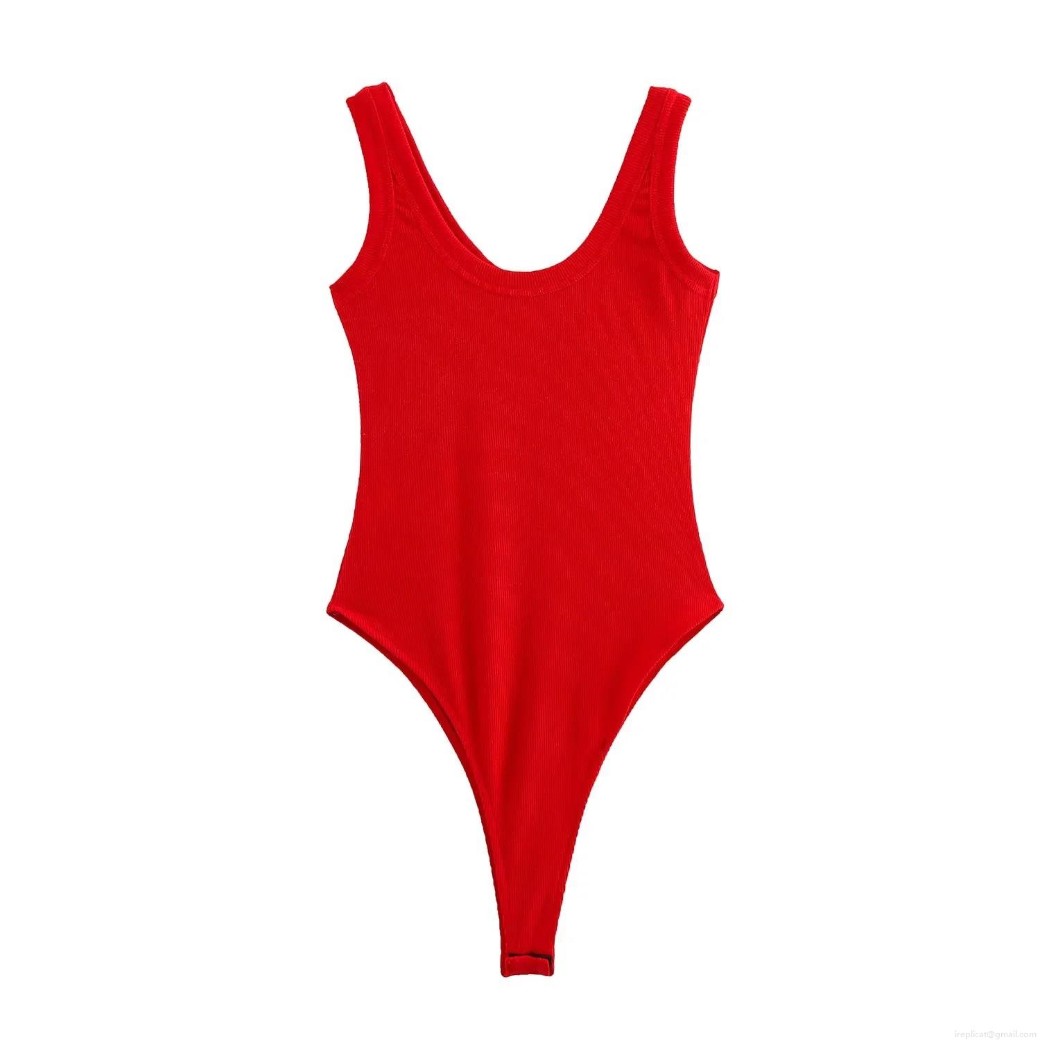 Women Sexy Sleeveless Ribbed Bodysuit U-Neck Slim Fit Solid Color Jumpsuit For Daily Party Spice Girl Style Polyester Knit Innerwear
