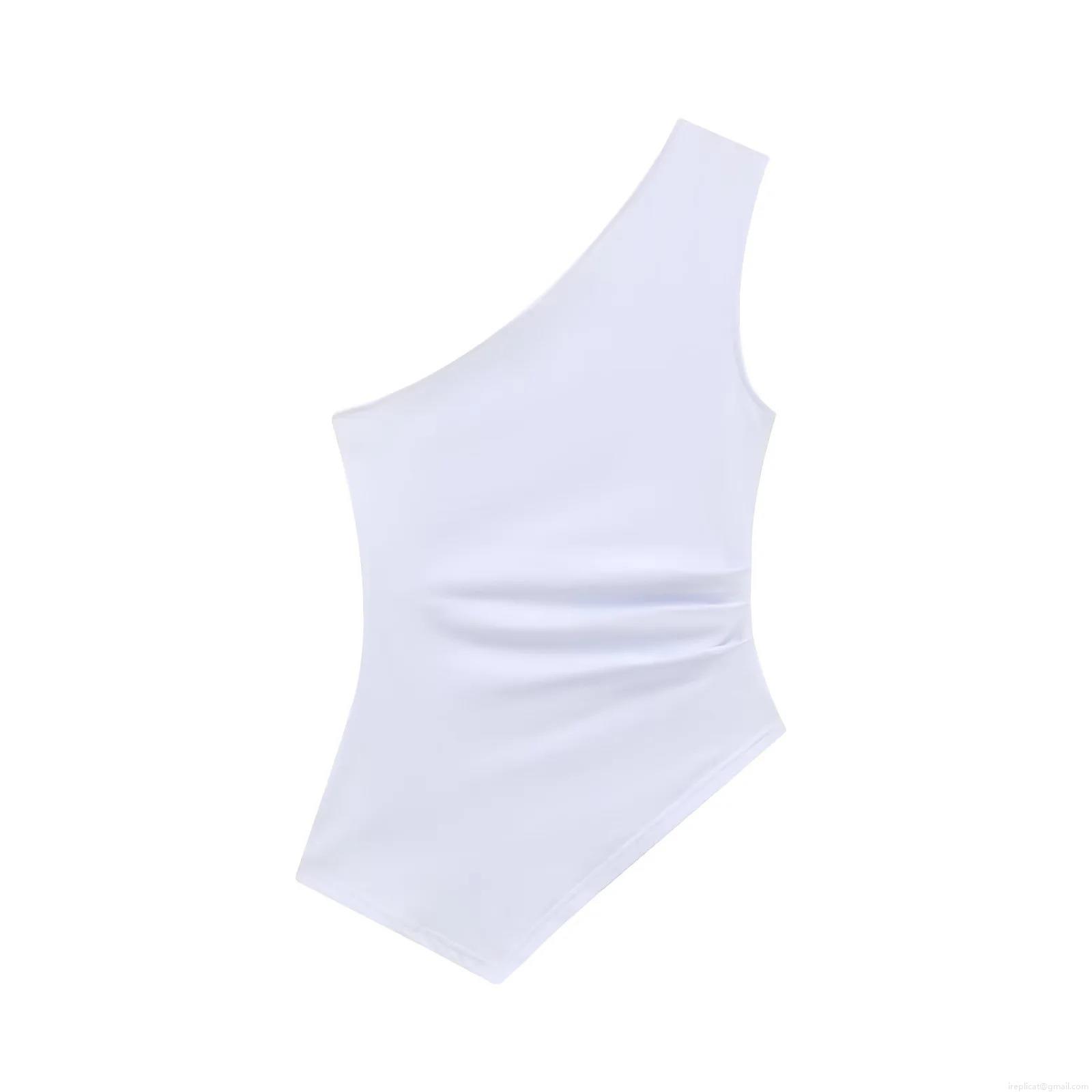 Women Sexy One Shoulder Ruched Bodysuit Sleeveless Polyester High Elasticity Jumpsuit Top For Party Clubwear Streetwear Casual White Black Pink