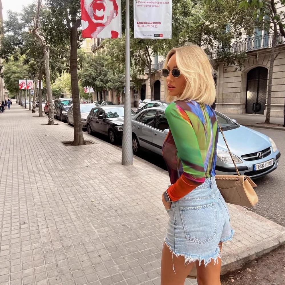 Women's Sexy Abstract Art Print Long Sleeve Mesh Bodysuit Elegant Slim Fit Round Neck See-Through Jumpsuit Top For Summer Party Vacation