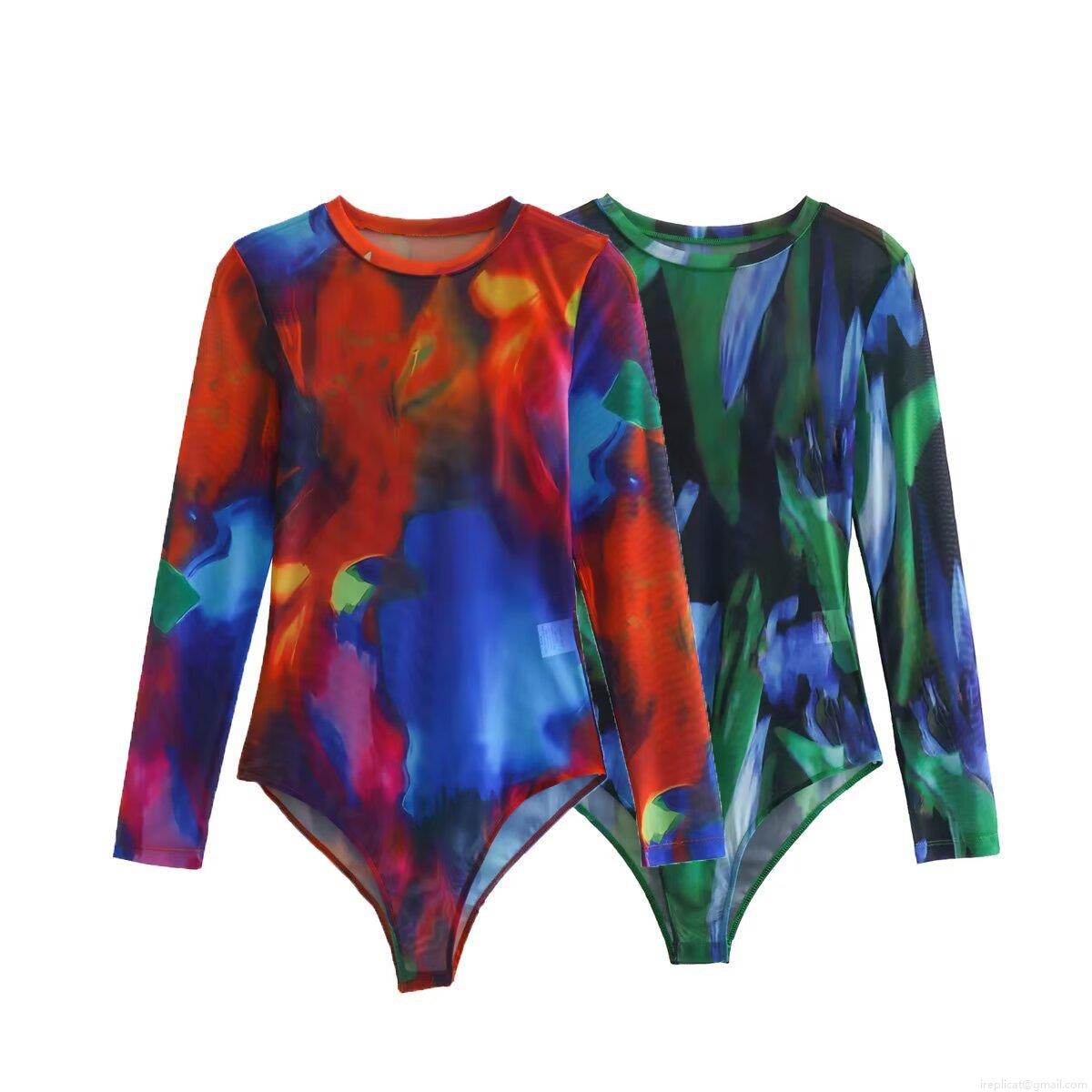 Women's Sexy Abstract Art Print Long Sleeve Mesh Bodysuit Elegant Slim Fit Round Neck See-Through Jumpsuit Top For Summer Party Vacation