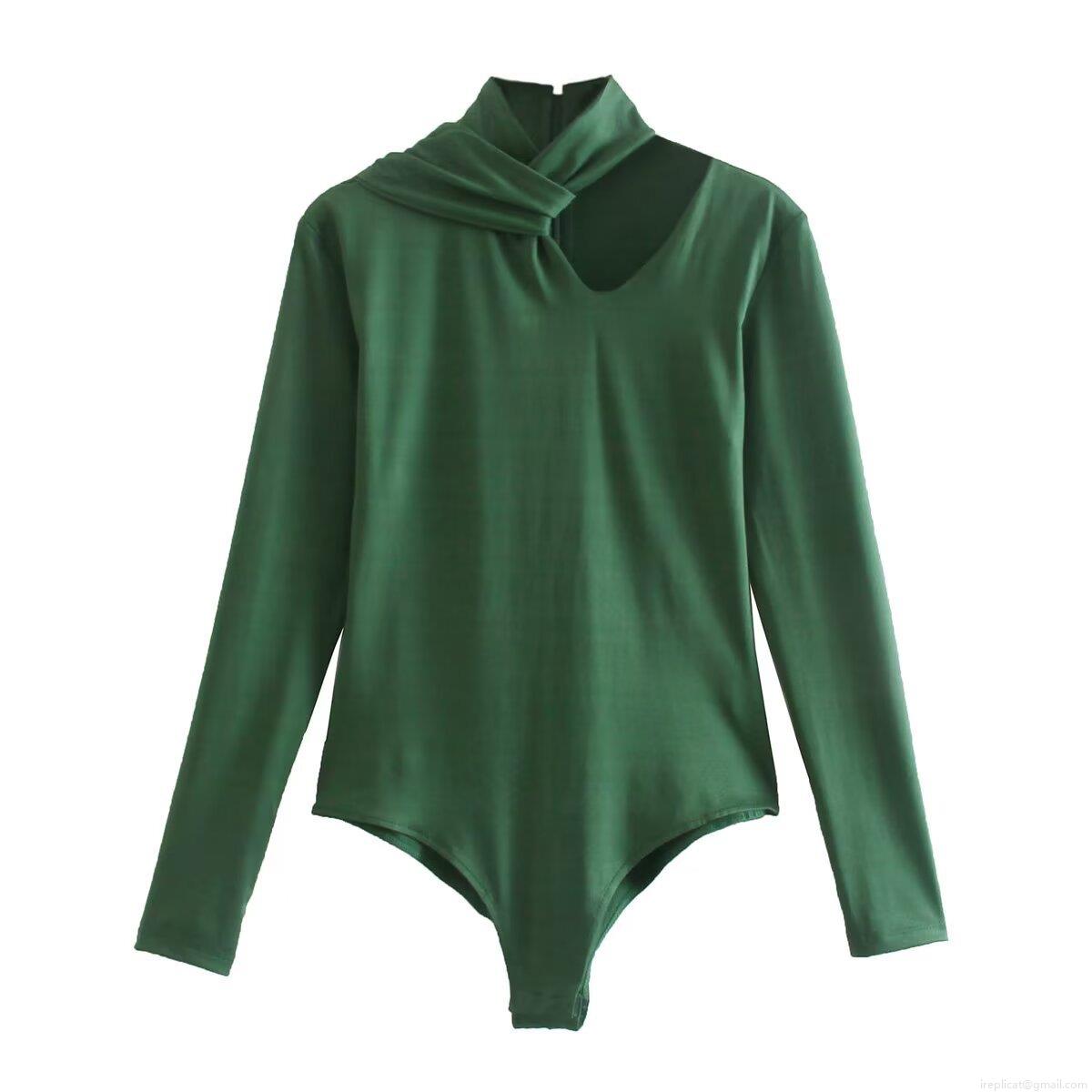 Women's Sexy Cutout Bodysuit Long Sleeve High Neck Twist Front Slim Fit Polyester Spandex Jumpsuit Leotard For Party Clubwear