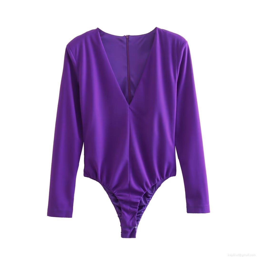 Women's Sexy Deep V-Neck Long Sleeve Bodysuit Elegant Solid Color Shoulder Pad Tight Fit Jumpsuit With Back Zipper For Party Nightclub Daily Clubwear
