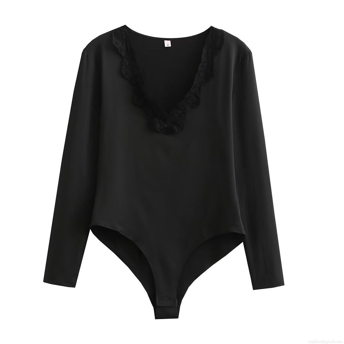 Women's Elegant V Neck Lace Trim Long Sleeve Bodysuit Polyester Elastane Slim Fit Jumpsuit Top For Daily Party Casual Wear Ladies Clothing