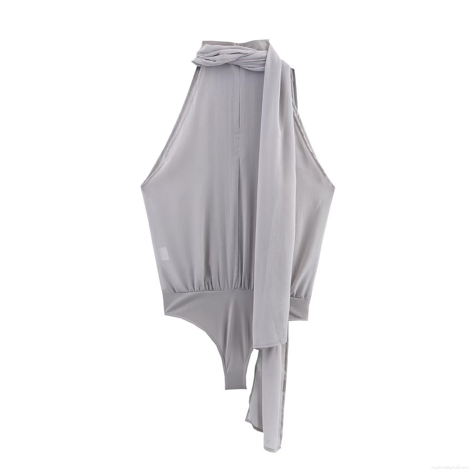 Elegant Women's Bodysuit With Bow Decoration Halter Neck Tulle Fabric Sleeveless Backless Jumpsuit For Party Evening Club Sexy Chic Bodysuit Silver Grey