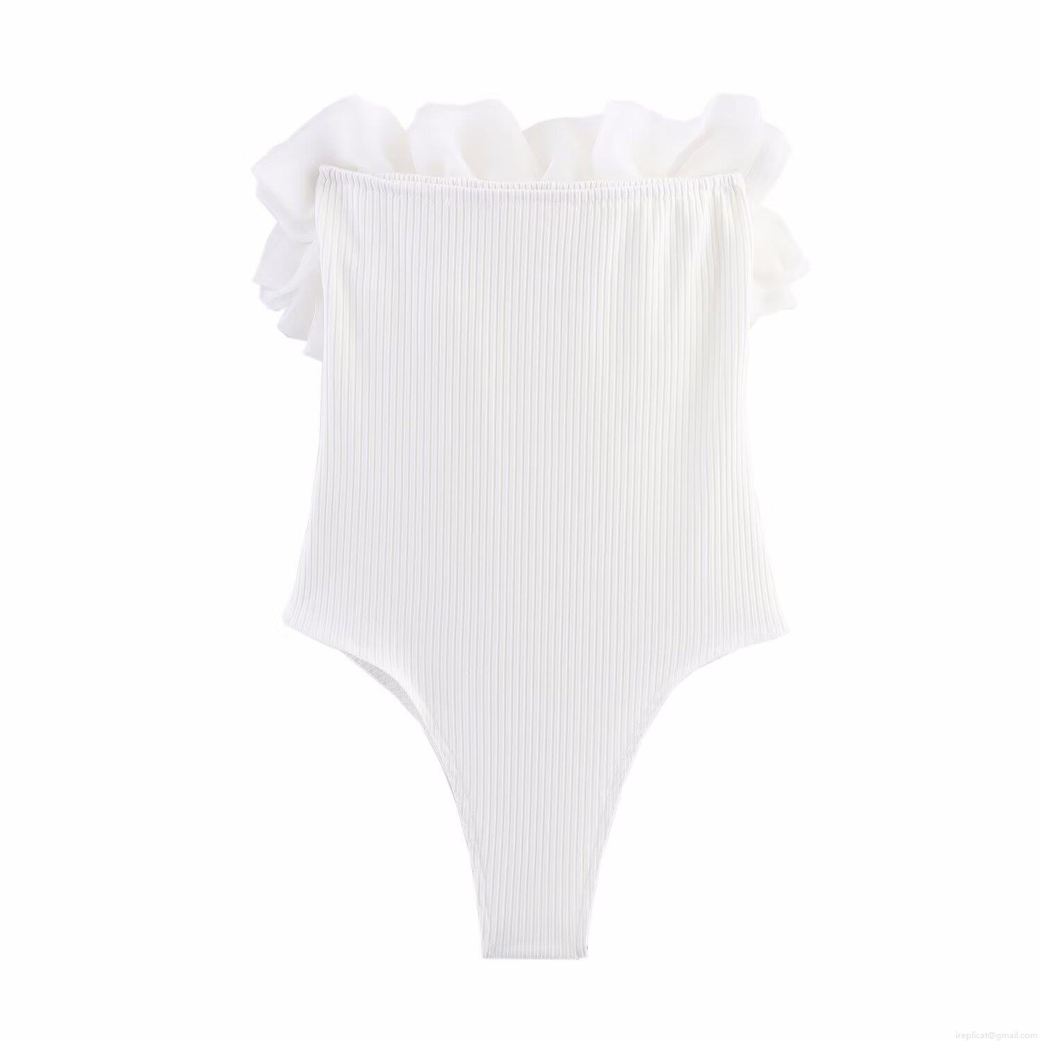 Sexy Women's Ribbed Bodysuit With Layered Organza Ruffle Trim Sleeveless Slim Fit Jumpsuit For Party Clubwear Sleek Style Solid Color White Black