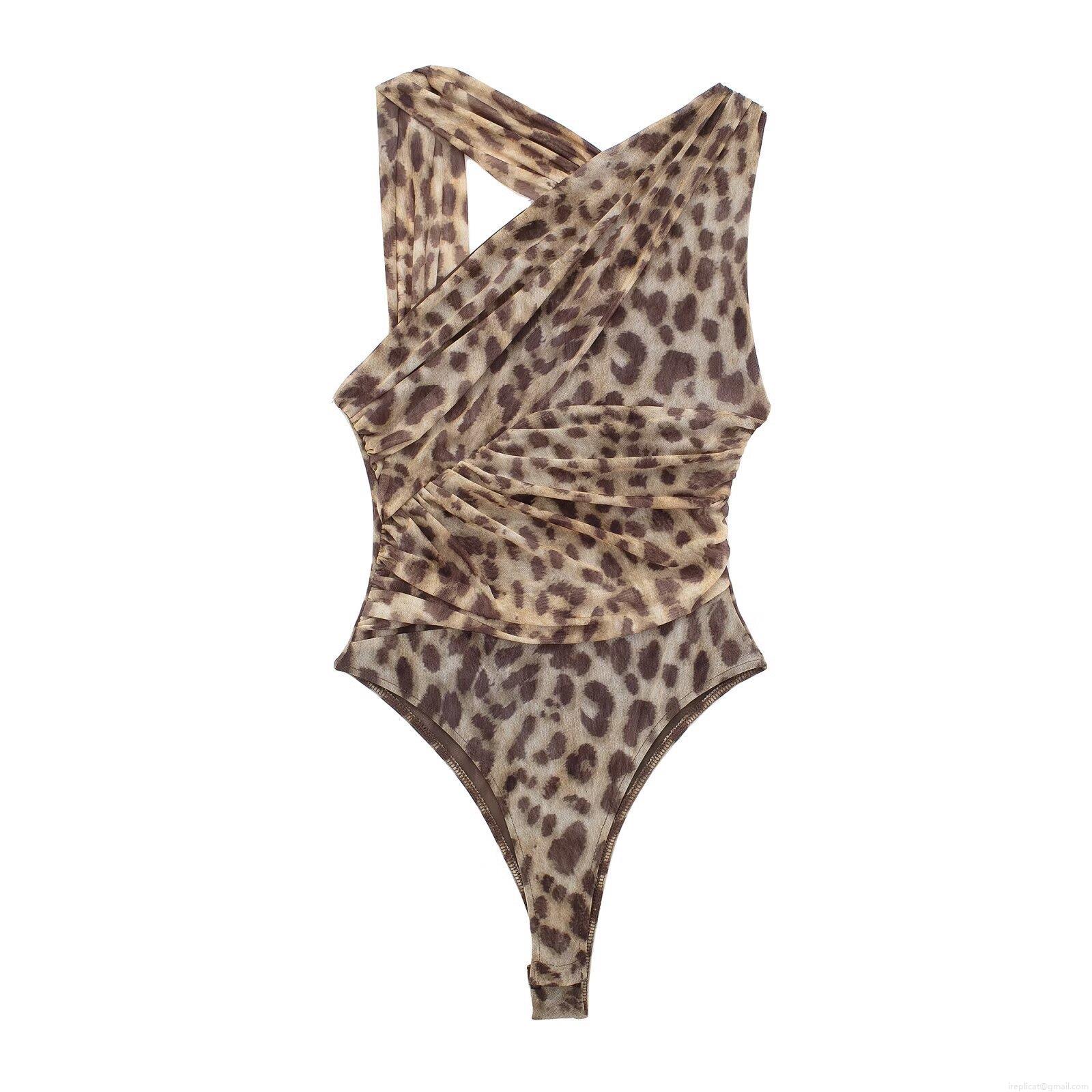 Women Sexy Mesh Bodysuit Asymmetric Ruched One Shoulder Jumpsuit Floral Leopard Printed Cross Halter Neck Bodysuit For Vacation Summer Party Slim Fit Leotard