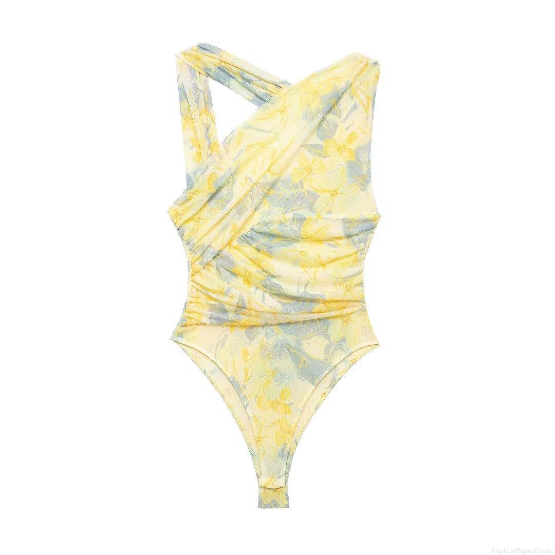 Women Sexy Mesh Bodysuit Asymmetric Ruched One Shoulder Jumpsuit Floral Leopard Printed Cross Halter Neck Bodysuit For Vacation Summer Party Slim Fit Leotard