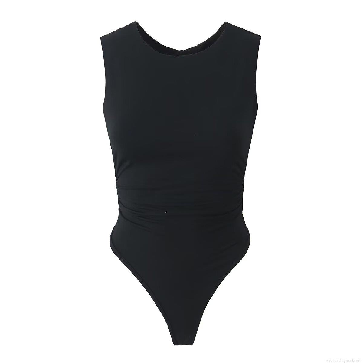 Women's Ruched Sleeveless Bodysuit Round Neck Backless Sexy Hollow Out Slim Fit Leotard Top 93% Rayon 7% Spandex Stretchy One Piece Clubwear