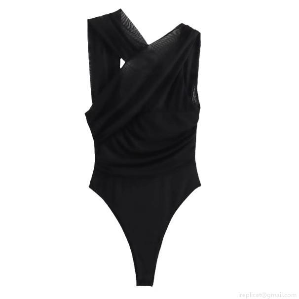 Women's Sexy Asymmetrical Ruched Mesh Bodysuit One Shoulder Cross Knitted Bodysuit Tops For Party Club Night Out Elegant Slim Fit Jumpsuits