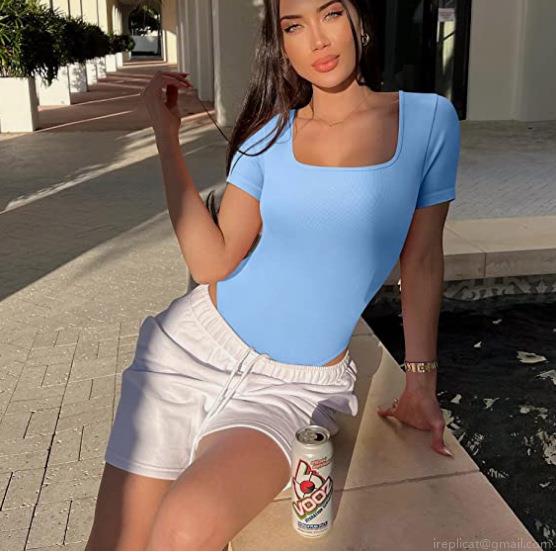 Women Sexy Ribbed Knit Bodysuit Square Neck Short Sleeve Skinny Jumpsuit For Yoga Sport Casual Stretchy Ribbed Bodysuit Solid Color Summer Tops