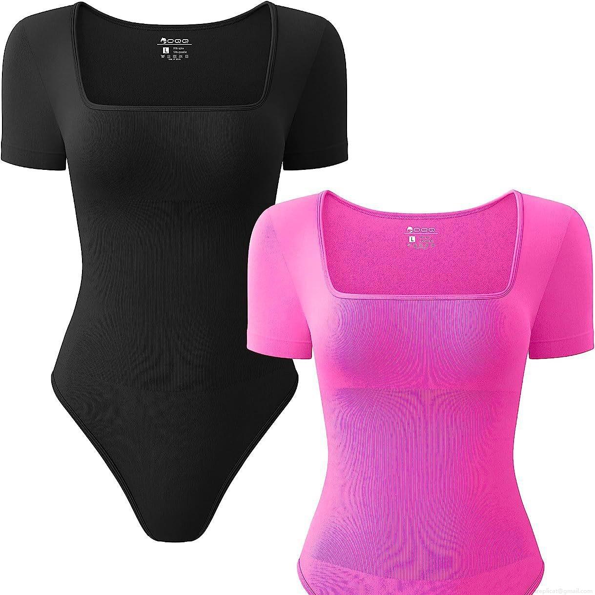 Women Sexy Ribbed Knit Bodysuit Square Neck Short Sleeve Skinny Jumpsuit For Yoga Sport Casual Stretchy Ribbed Bodysuit Solid Color Summer Tops