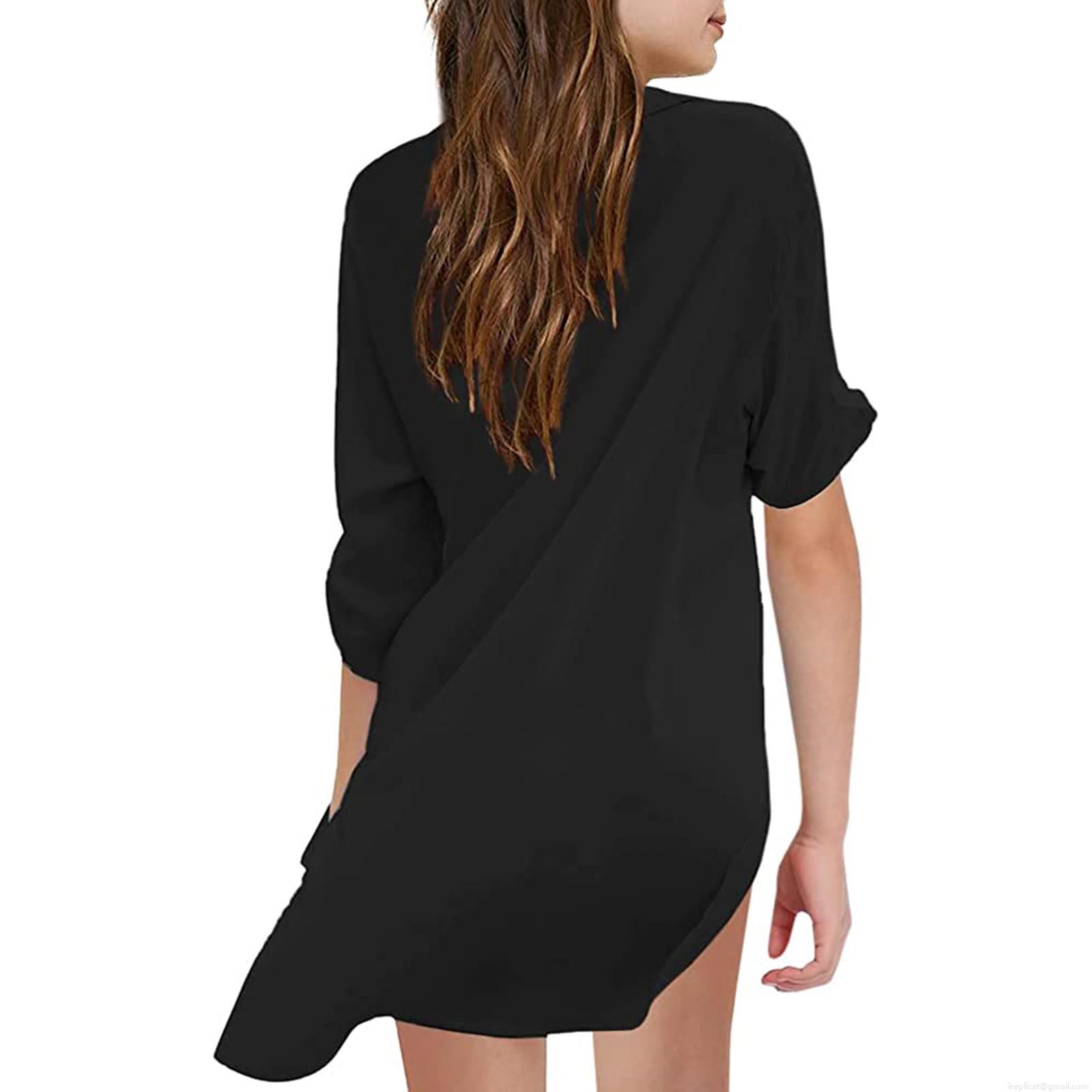 Women's Deep V-Neck Chiffon Beach Cover Up Shirt Loose Solid Color Long Sleeve Swimsuit Smock Maternity Beachwear Blouse With Side Slit