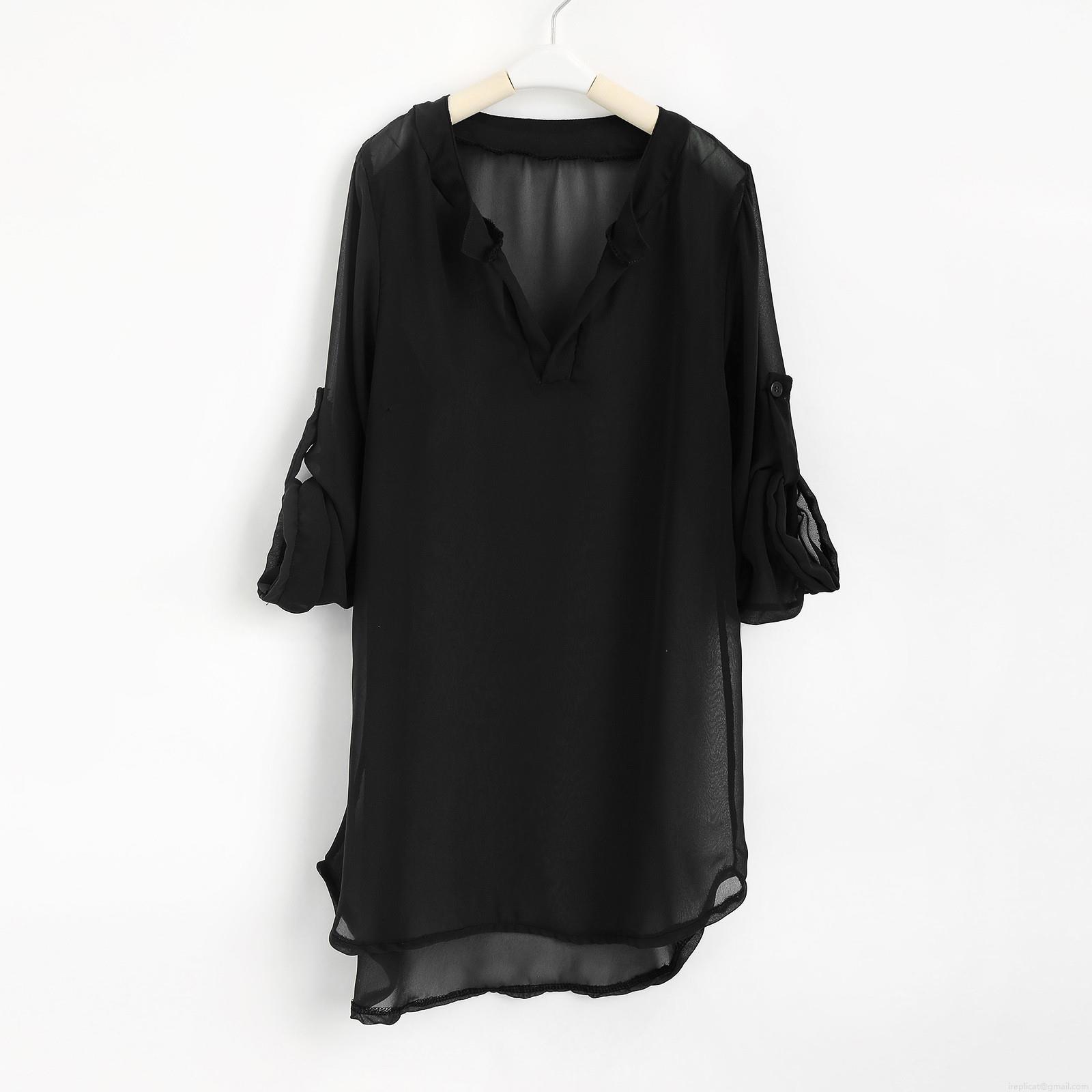 Women's Deep V-Neck Chiffon Beach Cover Up Shirt Loose Solid Color Long Sleeve Swimsuit Smock Maternity Beachwear Blouse With Side Slit