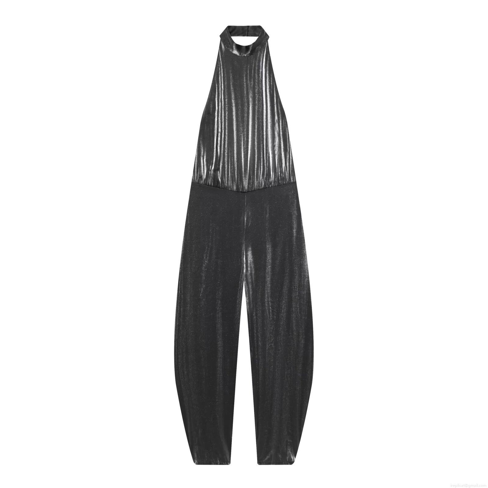 Metallic Sequin Halter Neck Backless Jumpsuit For Women Loose Lantern Pants Elegant Evening Party One-Piece Clubwear Sleeveless Long Romper Outfit