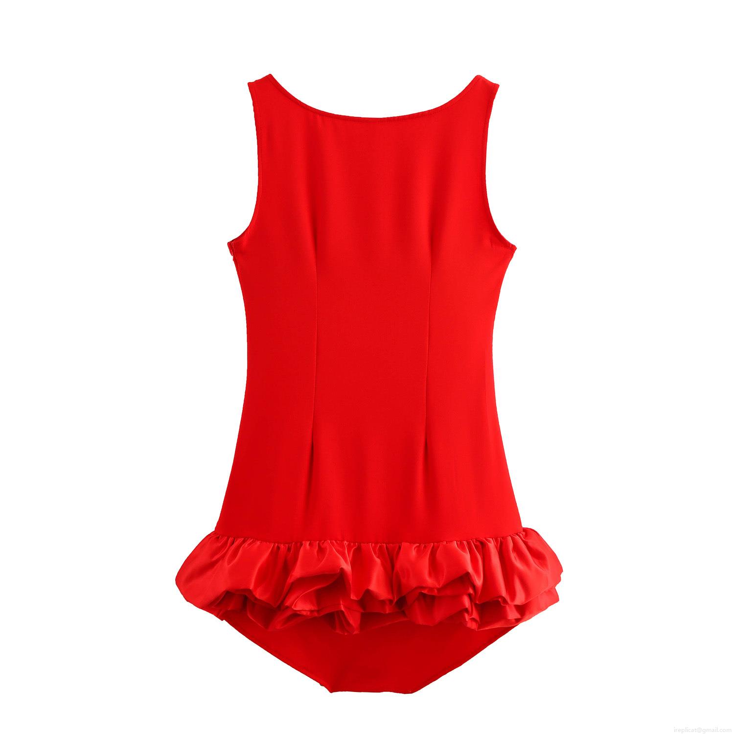 Women Sexy Square Neck Sleeveless Ruffle Hem Romper Polyester Solid Color High Waist Slim Fit Bodycon Jumpsuit With Safety Pants For Party Clubwear