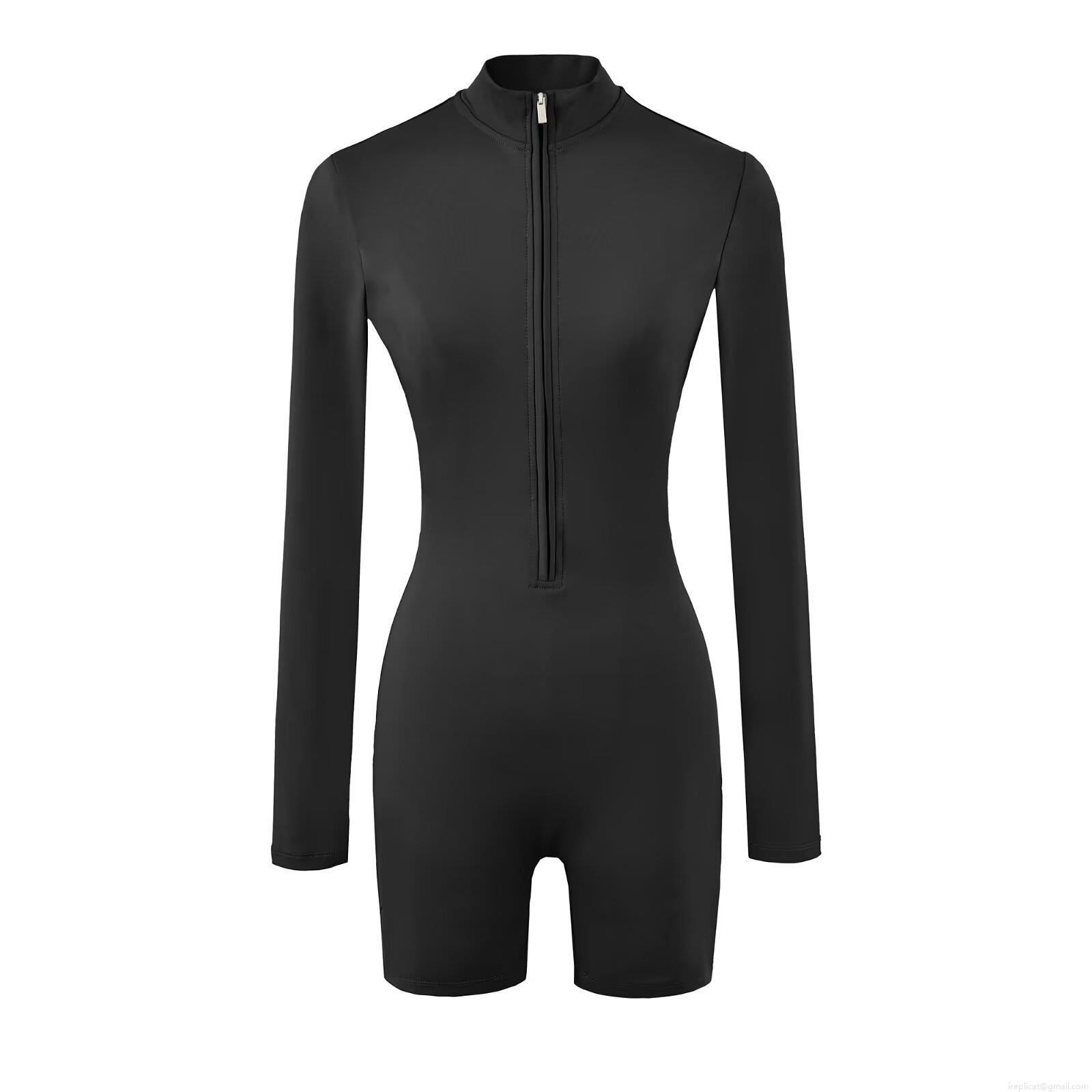 Women Long Sleeve Slim Fit Half Zip Up Romper One Piece Fitness Yoga Jumpsuit High Elastic Stand Collar Solid Short Jumpsuits For Workout Casual Streetwear