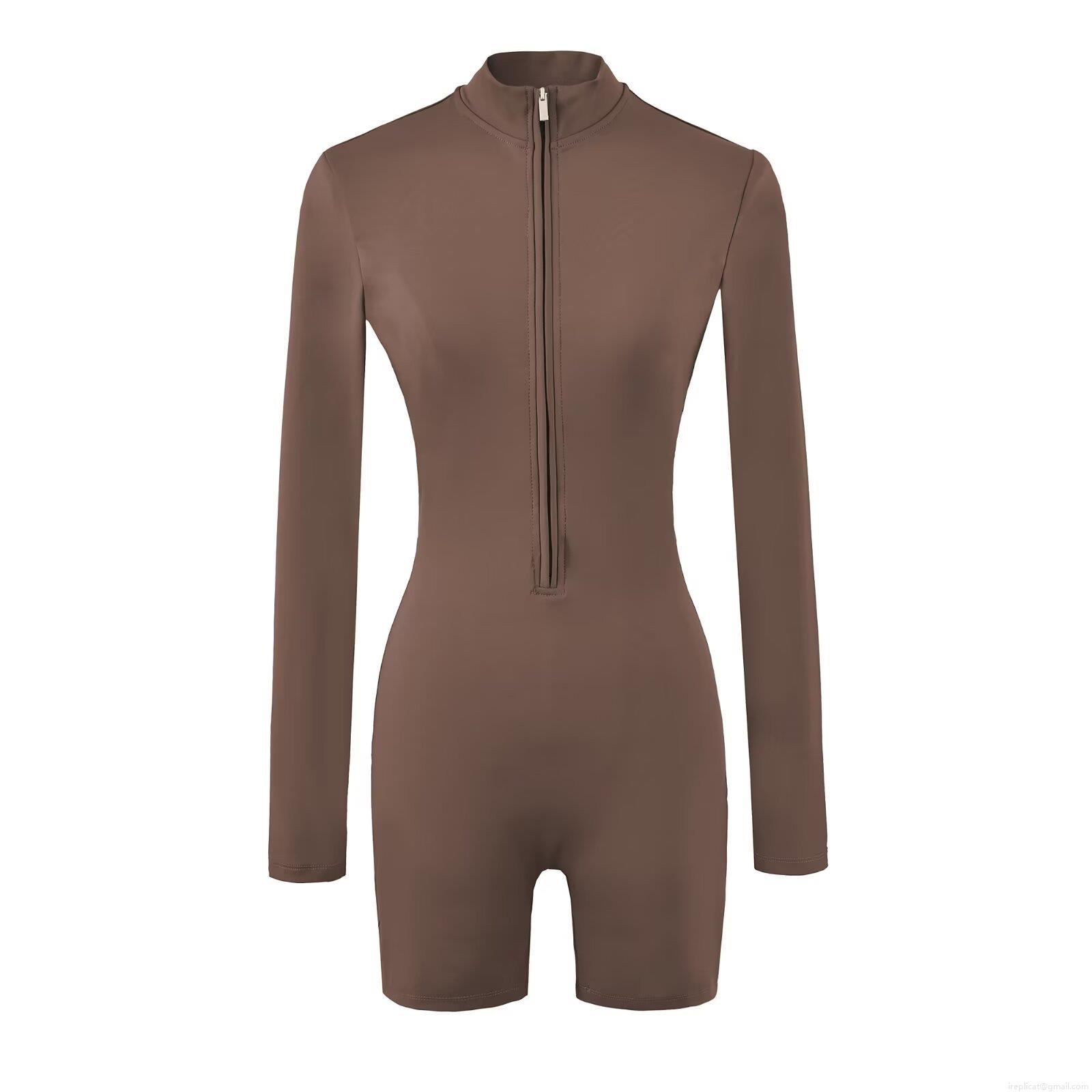 Women Long Sleeve Slim Fit Half Zip Up Romper One Piece Fitness Yoga Jumpsuit High Elastic Stand Collar Solid Short Jumpsuits For Workout Casual Streetwear