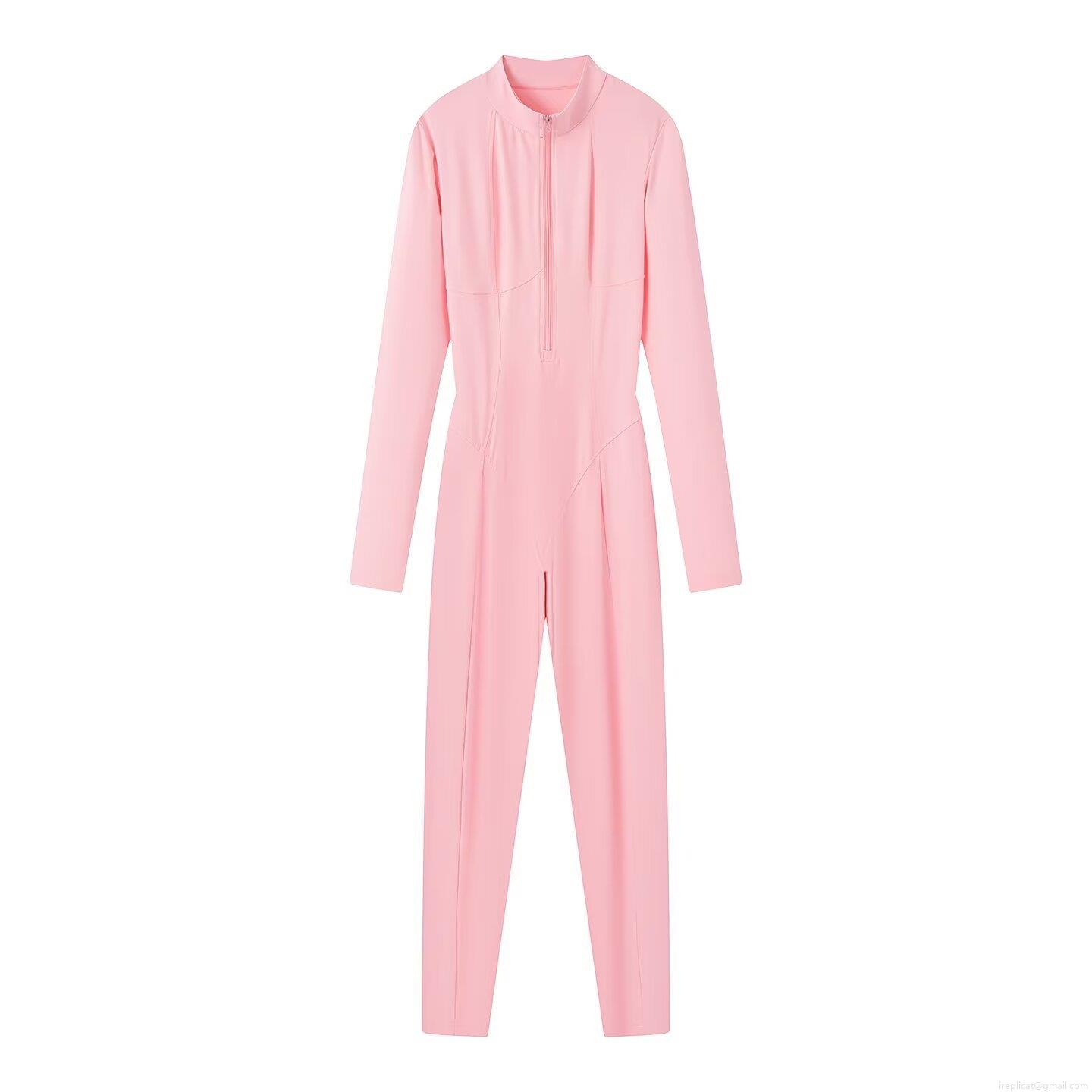 Women's Slim Fit Sporty Yoga Jumpsuit Long Sleeve Cotton Blend Catsuit With Zipper Mock Neck One Piece Bodycon Romper For Activewear Streetwear