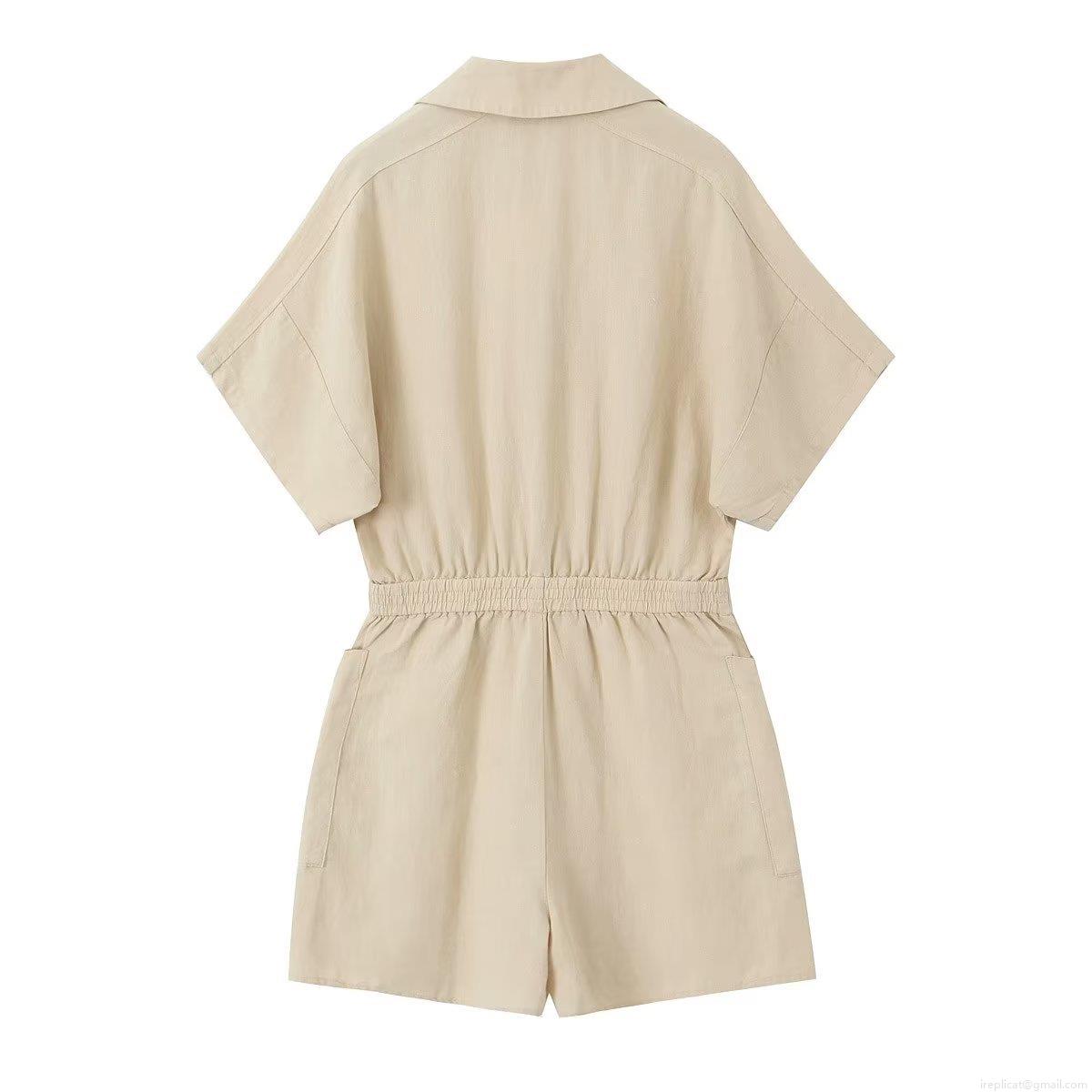 Women's Summer Short Sleeve Striped Romper V-Neck Button Down Jumpsuit Casual Loose Elastic Waist Playsuit with Pockets Urban Fashion Women Clothing
