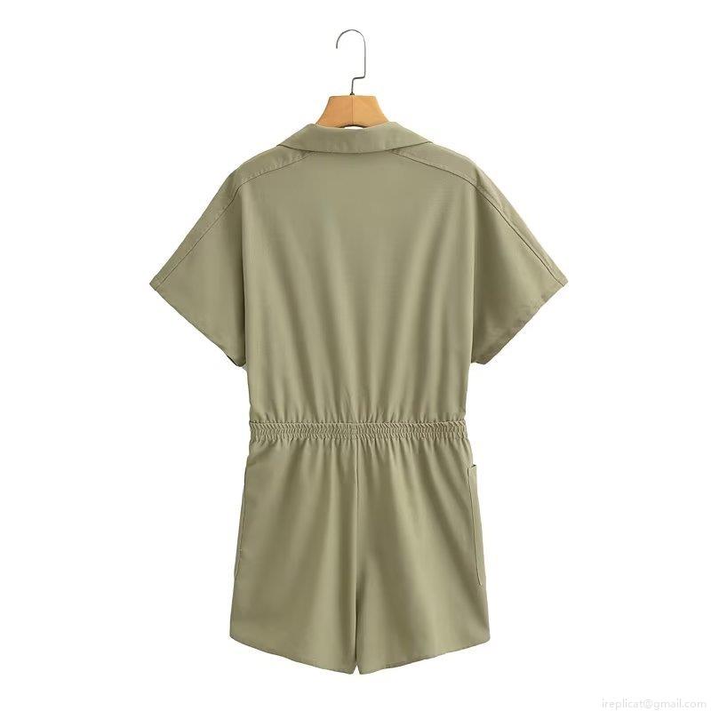 Women's Casual Cotton Linen Short Sleeve Romper Utility V-Neck Button Up Short Jumpsuit With Pockets Elastic Waist Summer Streetwear Fashion