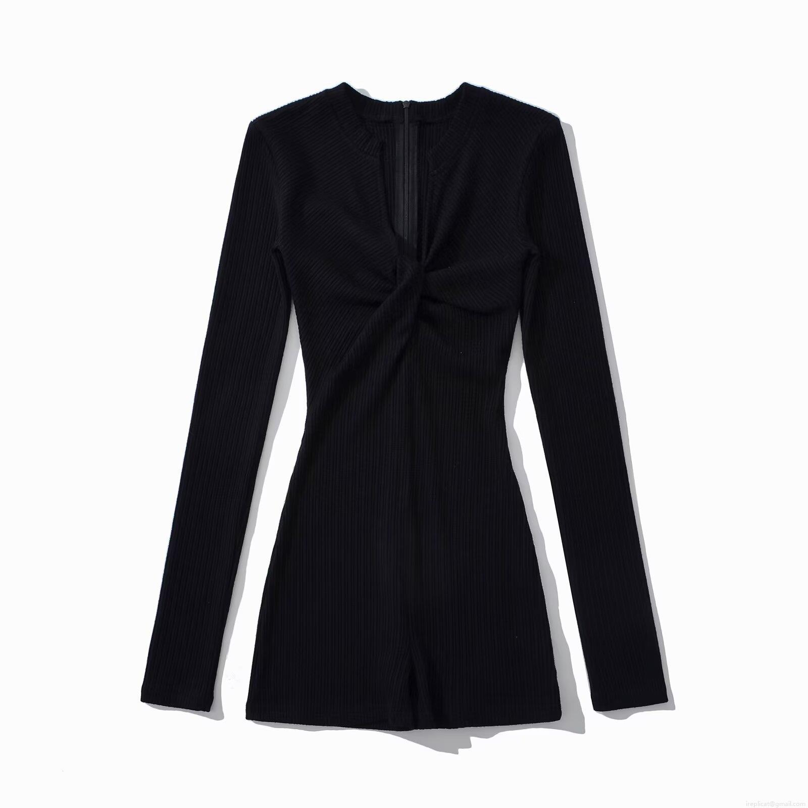 Women's Sexy Deep V Neck Long Sleeve Bodysuit Romper Ribbed Knit Slim Fit Jumpsuit With Twist Knot Zipper Casual Streetwear Fashion Women Clothing