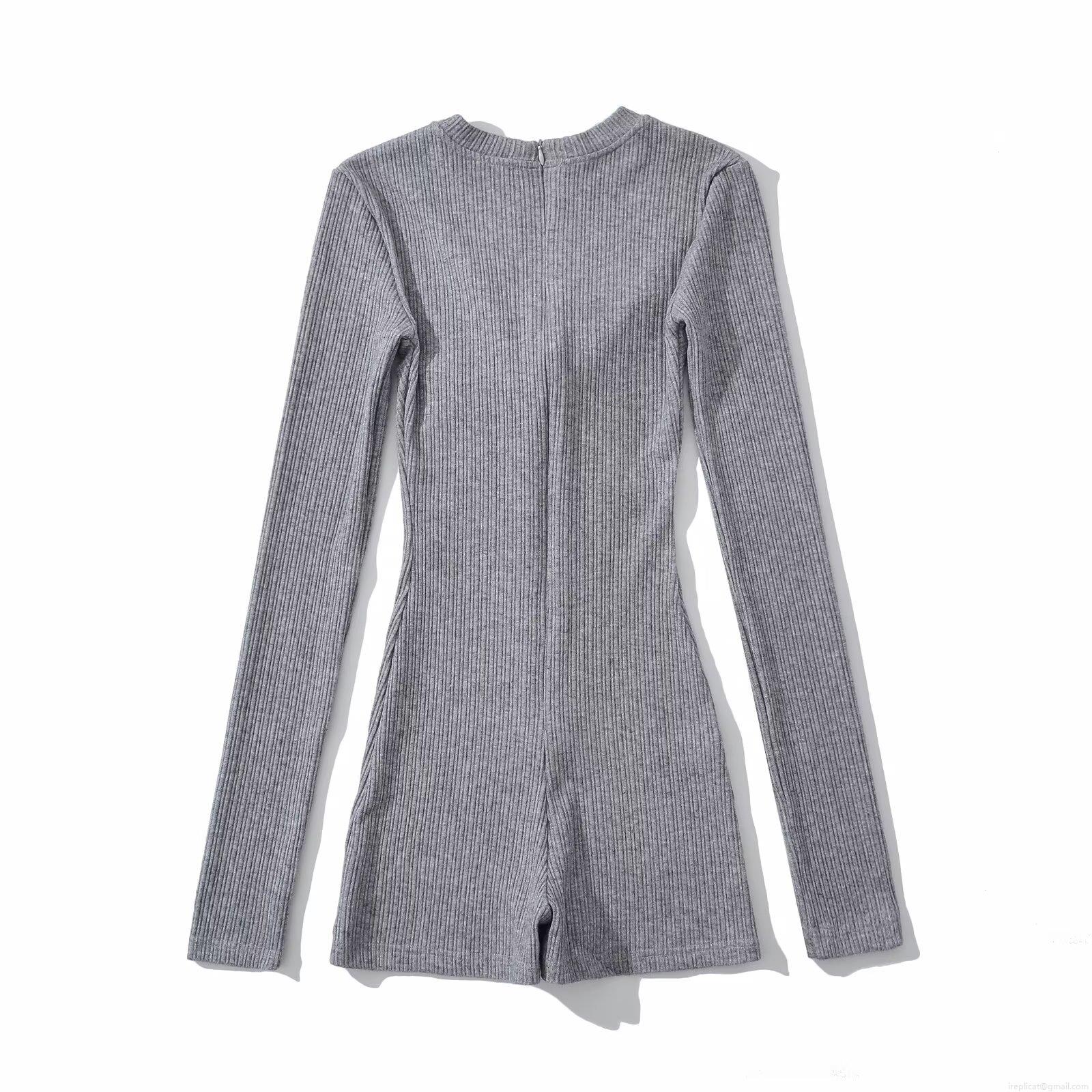 Women's Sexy Deep V Neck Long Sleeve Bodysuit Romper Ribbed Knit Slim Fit Jumpsuit With Twist Knot Zipper Casual Streetwear Fashion Women Clothing