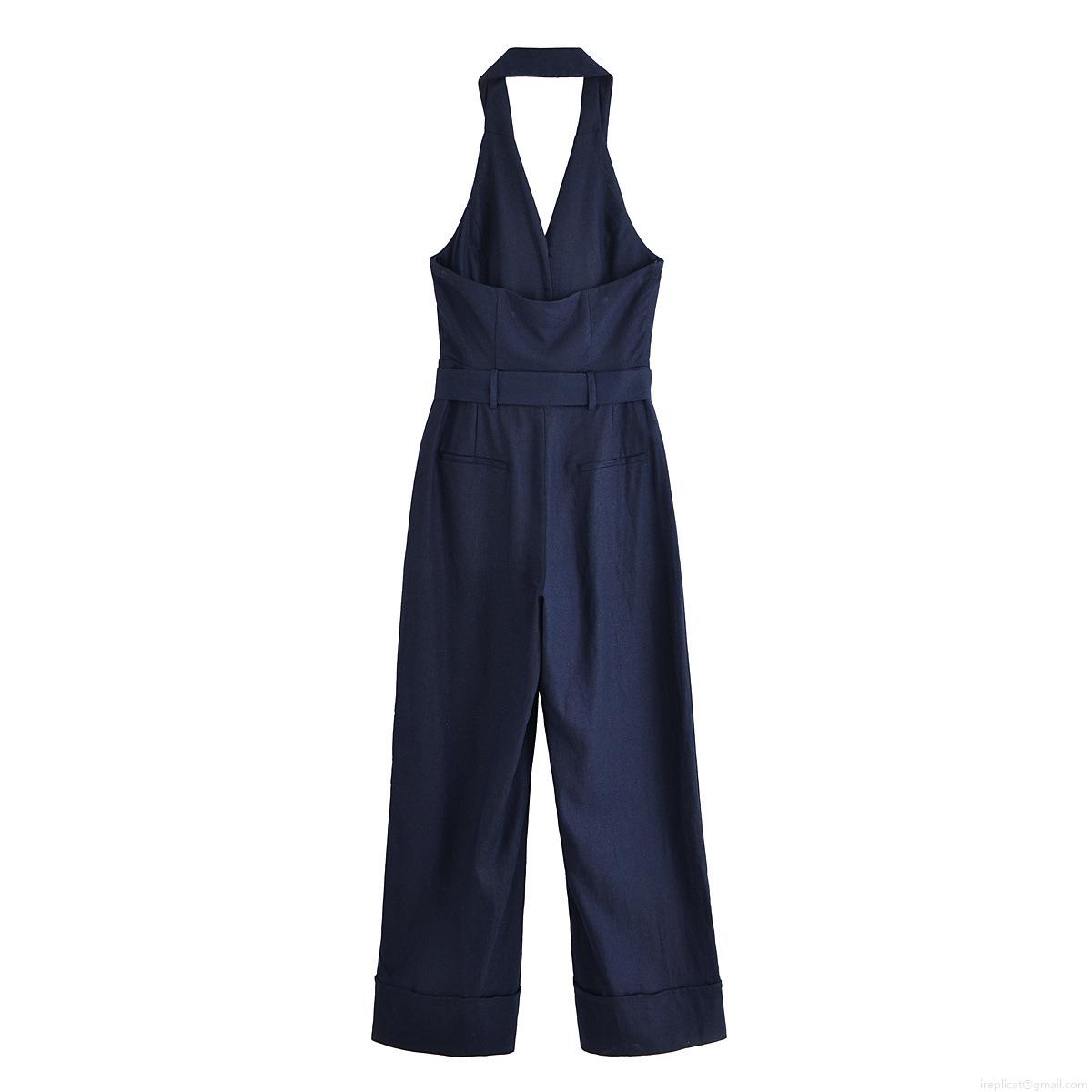 Women's Halter Neck Backless Jumpsuit With Belt Elegant Wide Leg Polyester Romper For Summer Party Ladies