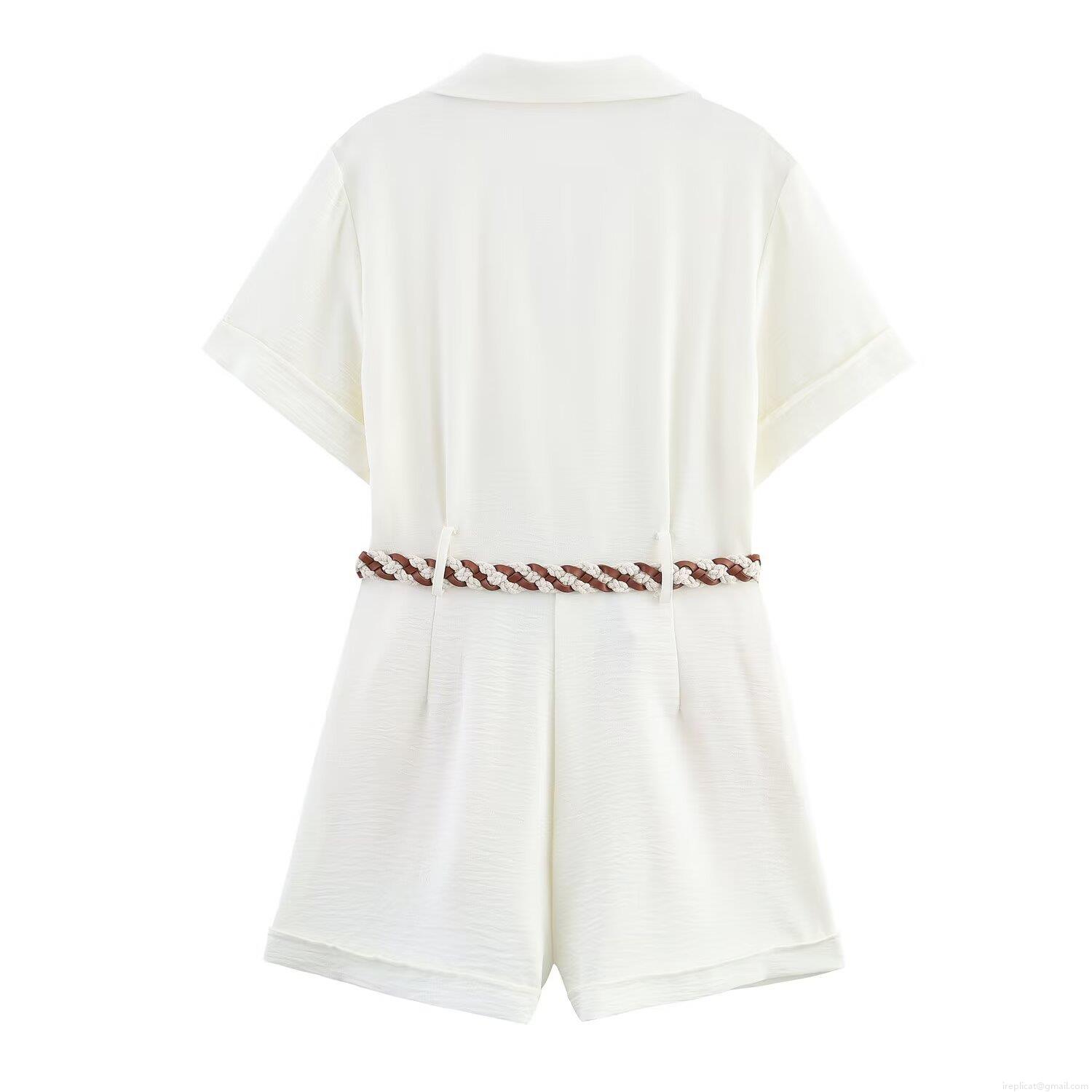Women's Summer Short Sleeve Lapel Jumpsuit With Braided Belt Solid White Double Breasted Straight Leg Short Romper Streetwear Fashion Casual One Piece Outfit