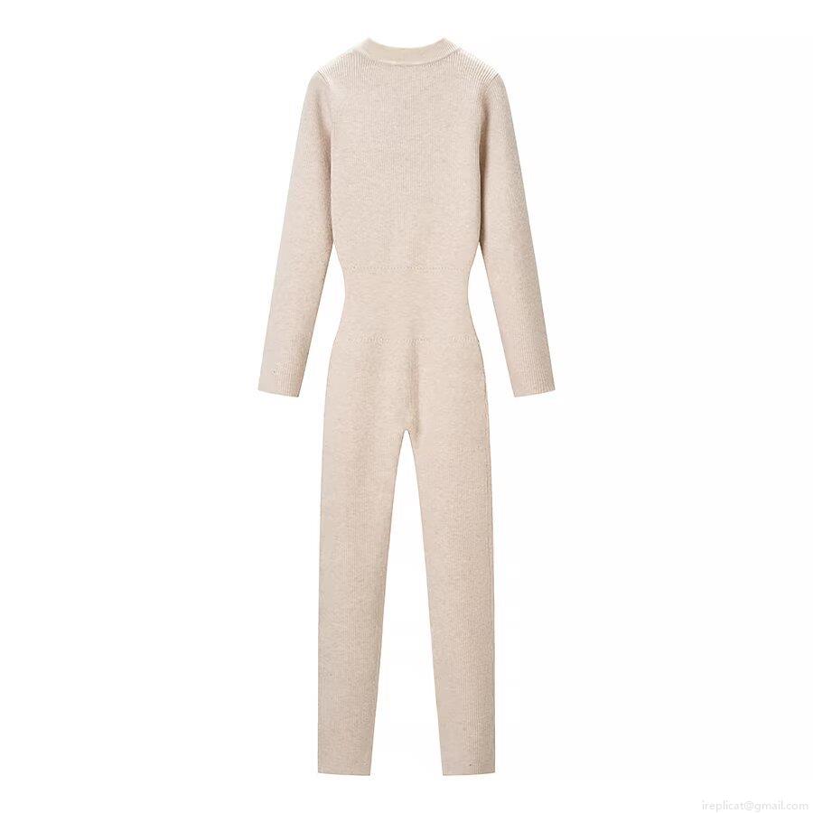 Women's Sexy Ribbed Knit Jumpsuit Slim Fit Half Zipper Stand Collar Long Sleeve Solid Color One Piece Bodycon Romper For Daily Party