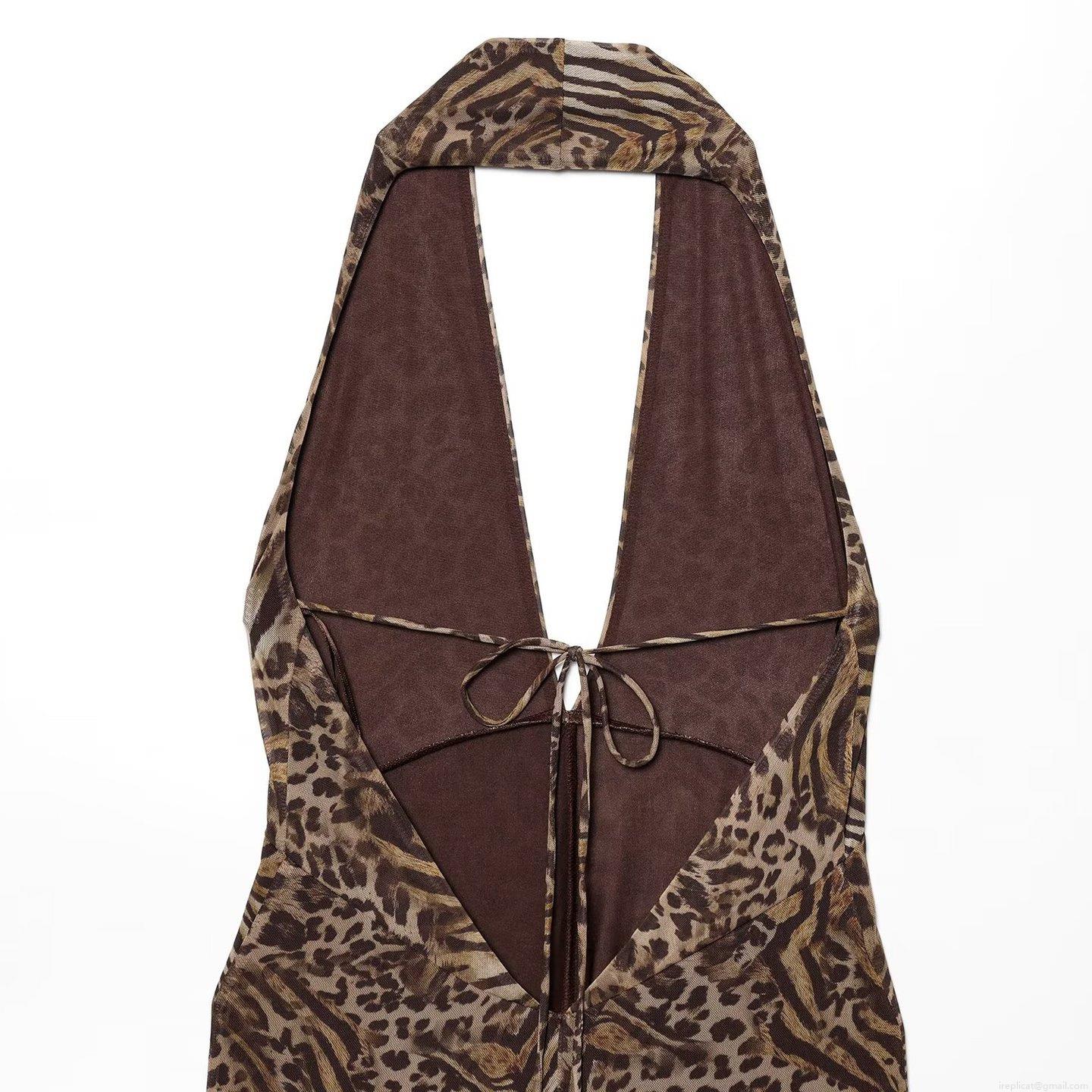 Women Sexy Leopard Print Mesh Halter Jumpsuit Deep V Neck Sleeveless Backless Wide Leg Long Pants Romper Summer Beach Resort Outfits