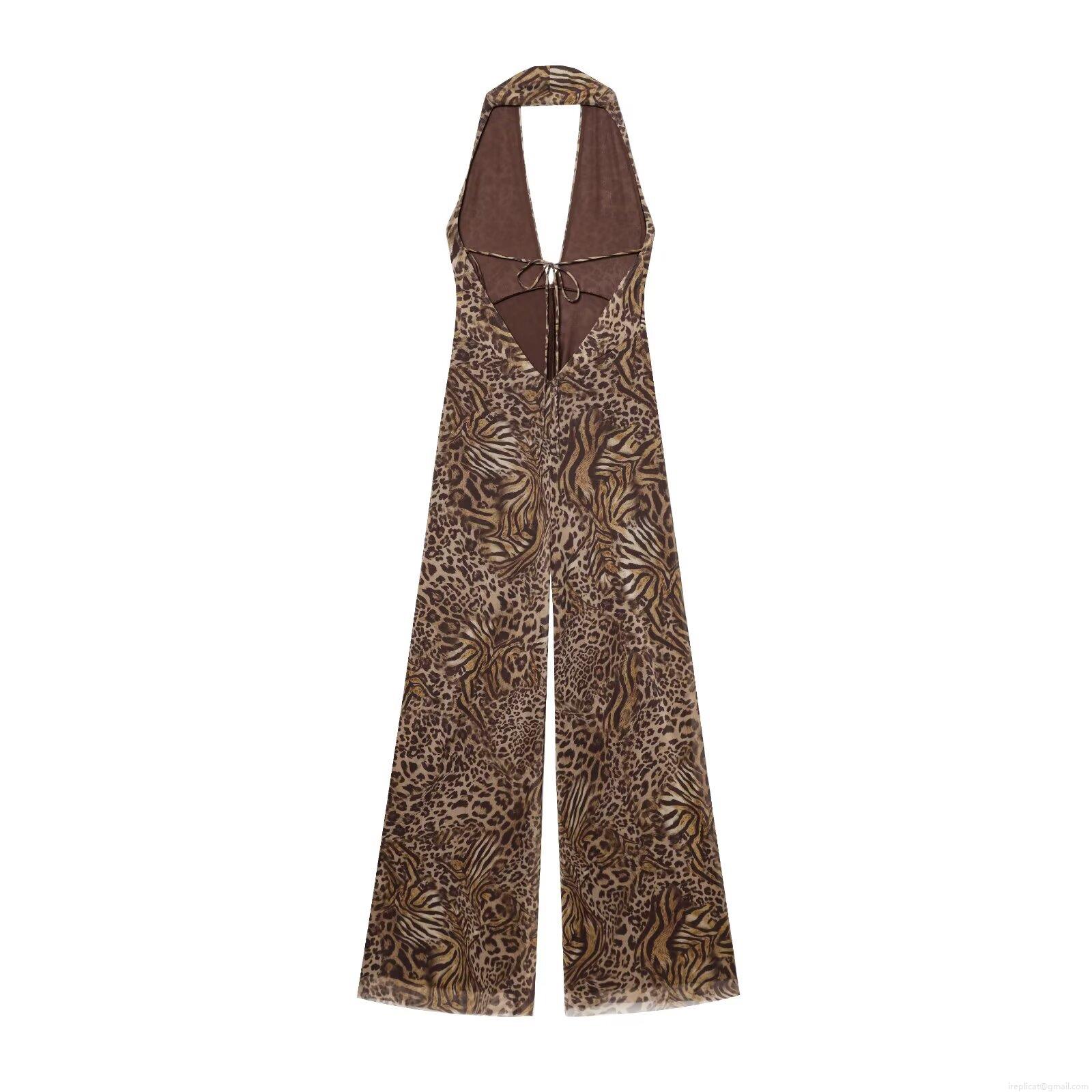 Women Sexy Leopard Print Mesh Halter Jumpsuit Deep V Neck Sleeveless Backless Wide Leg Long Pants Romper Summer Beach Resort Outfits