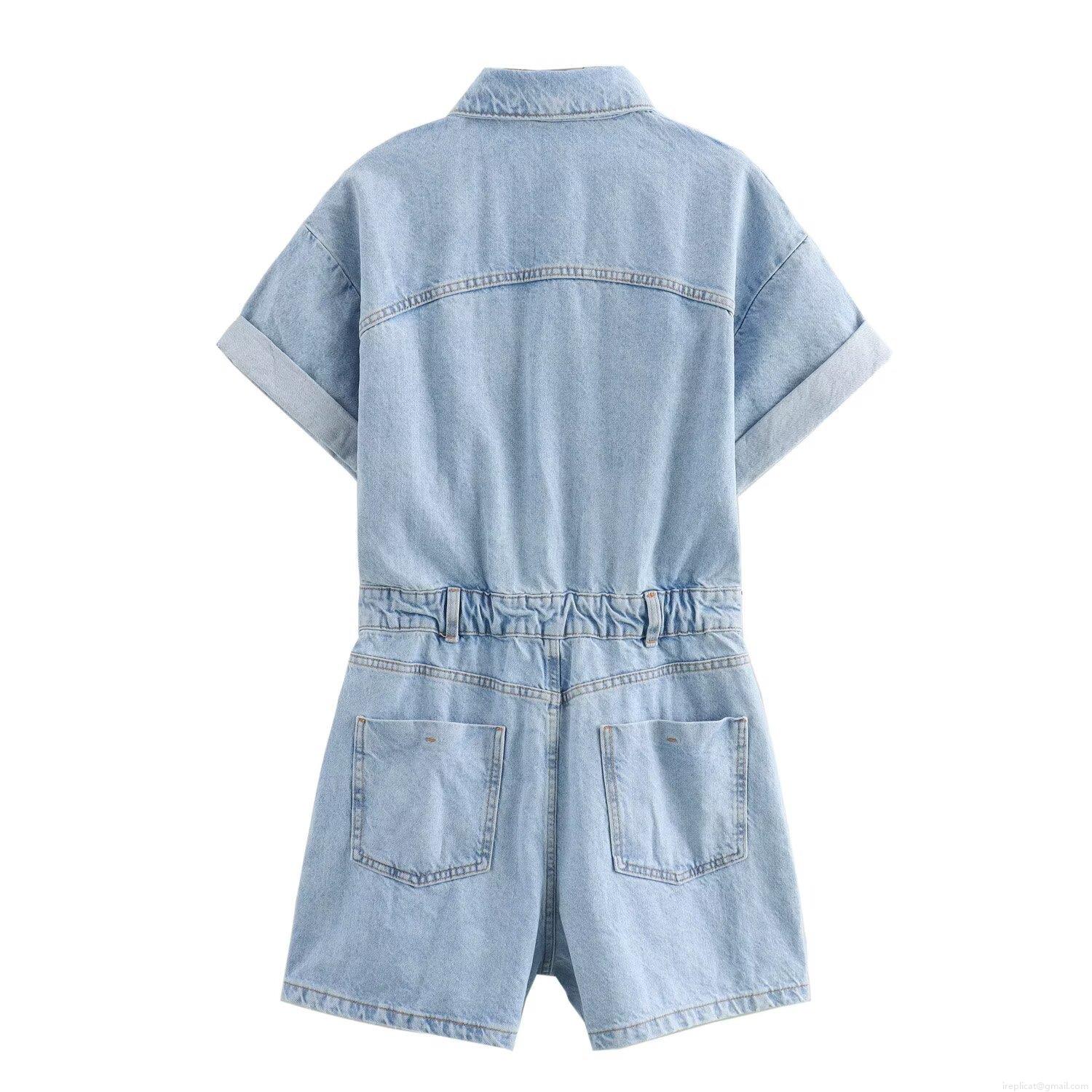 Women's Summer Short Sleeve Denim Romper Washed Cotton Turn-down Collar Button Up Cargo Jumpsuit With Pockets Casual Utility Playsuit Fashion One Piece Outfit