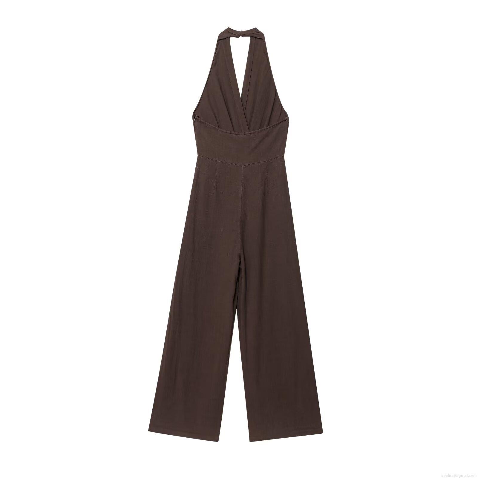 Women Summer Halter Neck Backless Jumpsuit Fashion Casual Wide Leg Long Pants With Round Woven Buckle Polyester Mixed Linen Texture Jumpsuit