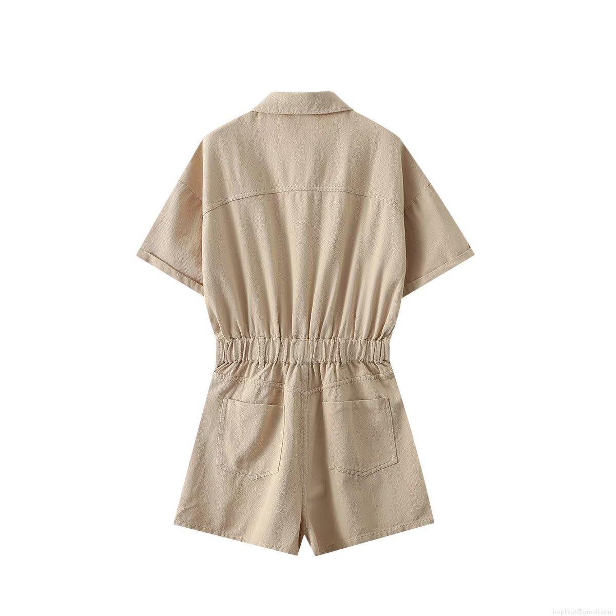 Women's Casual Utility Short Jumpsuit Cotton Blend Lapel Short Sleeve Single Breasted Romper With Pockets Summer Solid Color Waist Cinched One Piece Fashion Outfit For Women