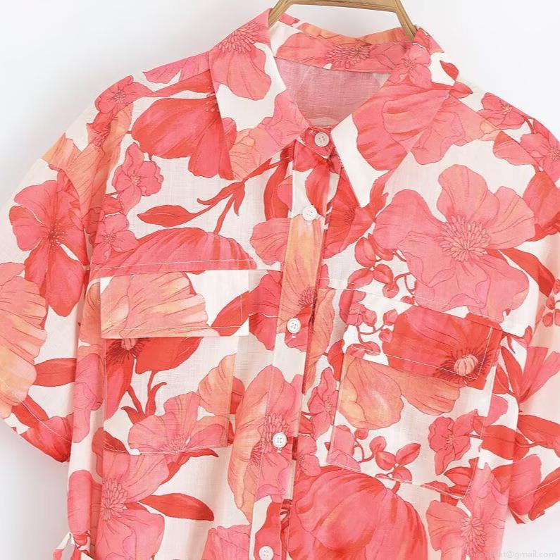 Women's Casual Floral Print Short Sleeve Jumpsuit With Belt Turn-down Collar Button Up Summer Holiday Romper Pocket Decorative Lightweight Outfit