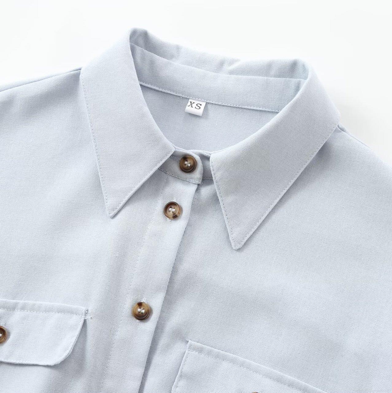 Women's Long Sleeve Jumpsuit Cotton Linen Blend With Braided Belt Button Down Collared High Waist Pleated Shorts Romper Chic Office Casual Summer Elegant Outfits