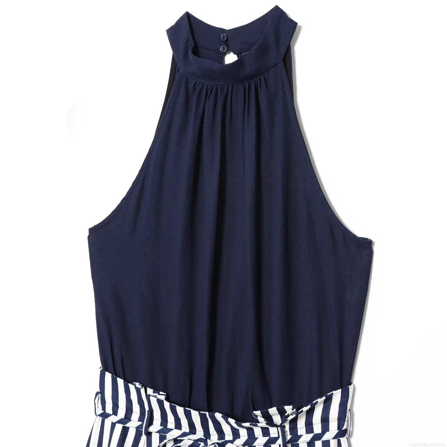 Women Halter Neck Jumpsuit Sleeveless Cotton Linen Blend Navy Blue Patchwork Blue White Striped Wide Leg Long Pant Casual One Piece Outfit With Waist Tie