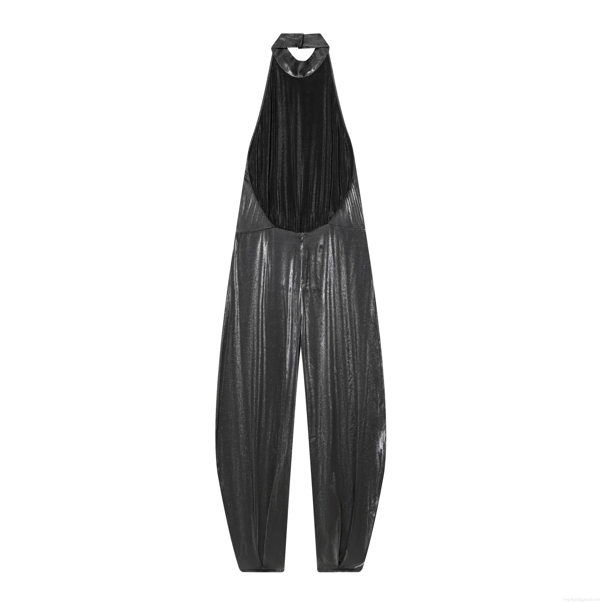 Sexy Halter Neck Backless Metallic Jumpsuit For Women Sleeveless High Waist Wide Leg Long Pants Party Clubwear Evening Romper