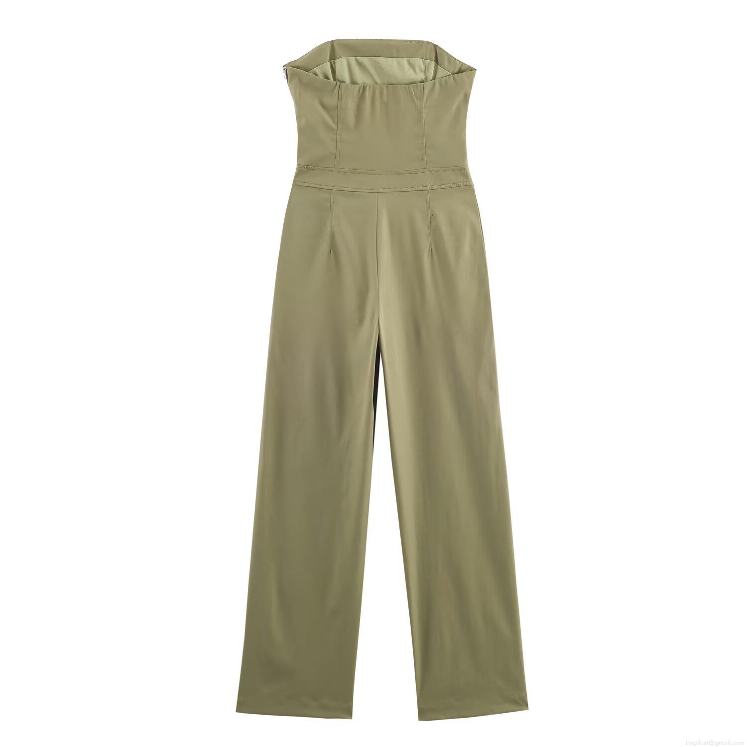 Women's Sexy Strapless Tube Top Wide Leg Jumpsuit With Large Pockets Polyester Spandex Twill Long Straight Pants For Autumn Fashion Party Clubwear