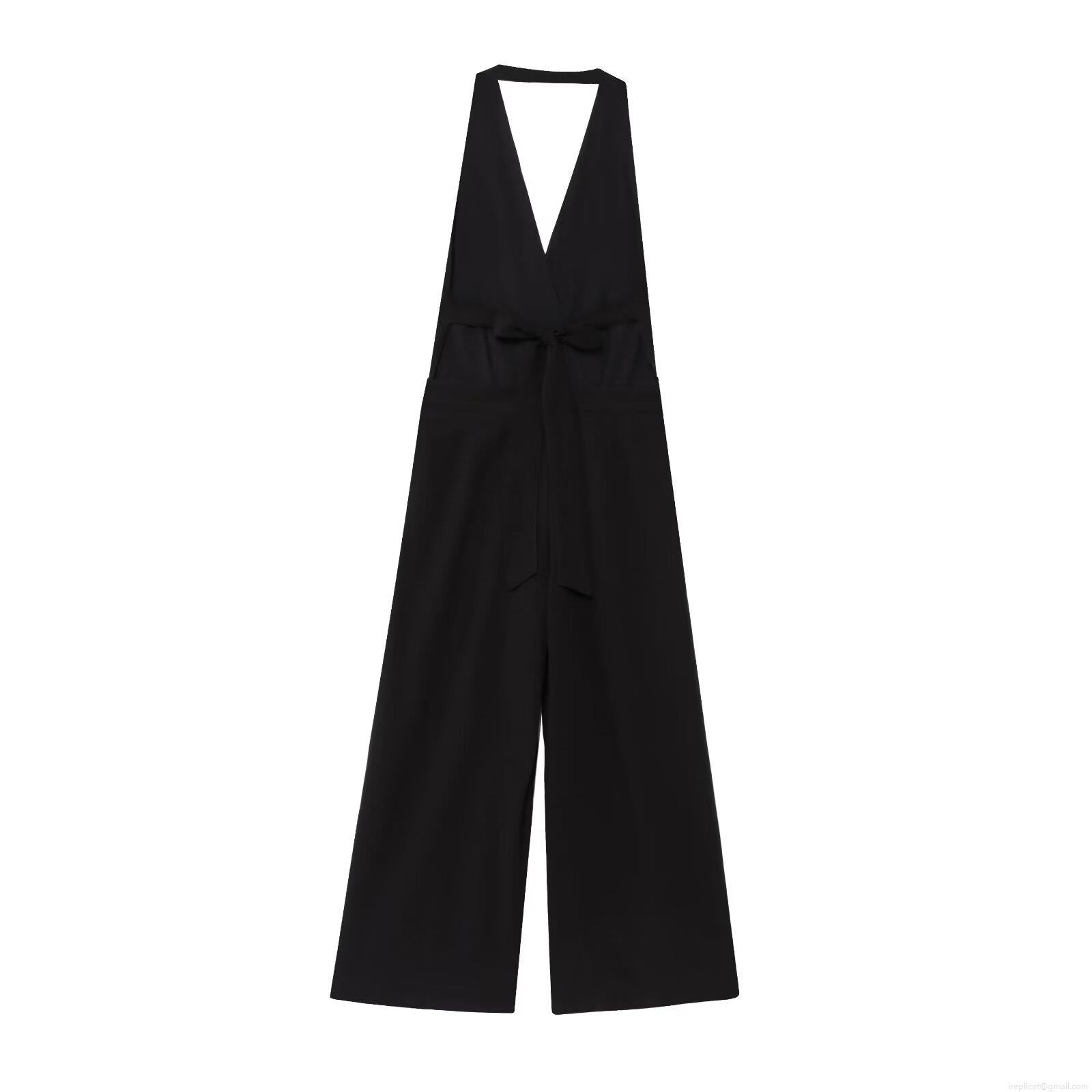 Women's Halter V Neck Jumpsuit Cotton Linen Sleeveless Wide Leg Pants Romper With Bow Tie Waist Elegant One Piece Long Playsuit For Party Summer Evening Clubwear