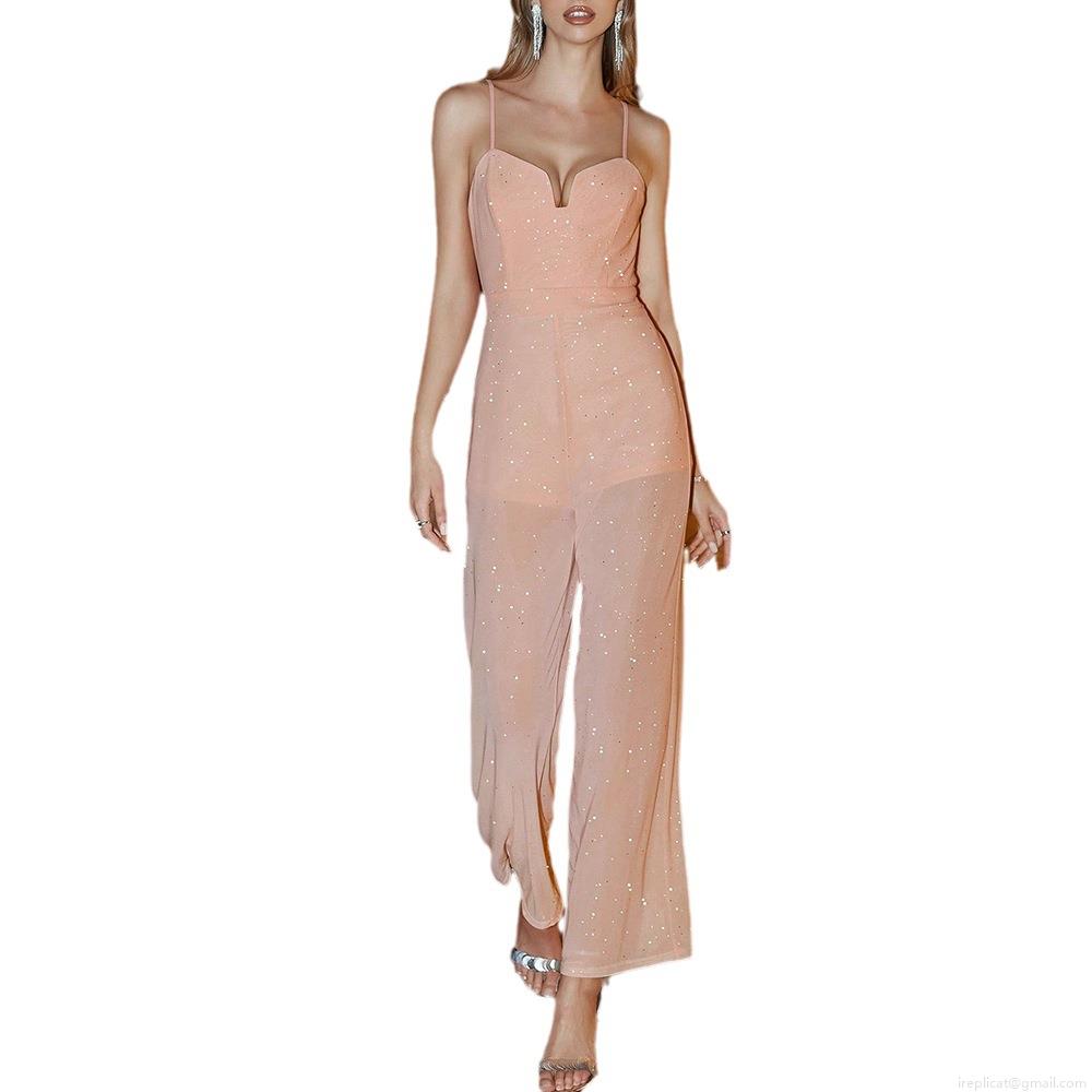Women's Sexy V-Neck Sequin Cami Jumpsuit Glitter Mesh Patchwork Wide Leg One Piece Romper Sleeveless Slim Fit Party Evening Night Out Pink