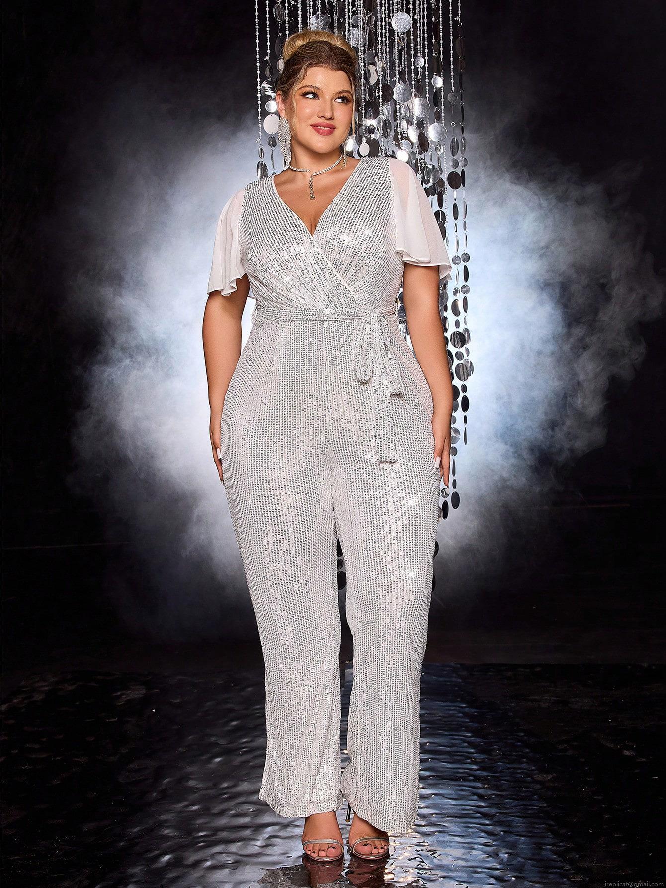 Plus Size Women's Sequin Jumpsuit Elegant V Neck Mesh Patchwork Half Sleeve Flare Sleeve High Waist Wide Leg Bodysuit Party Evening Clubwear White Silver Long Pants
